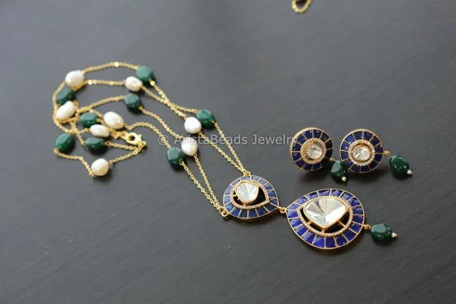 Premium Blue Jadau Kundan Moissanite Polki Set