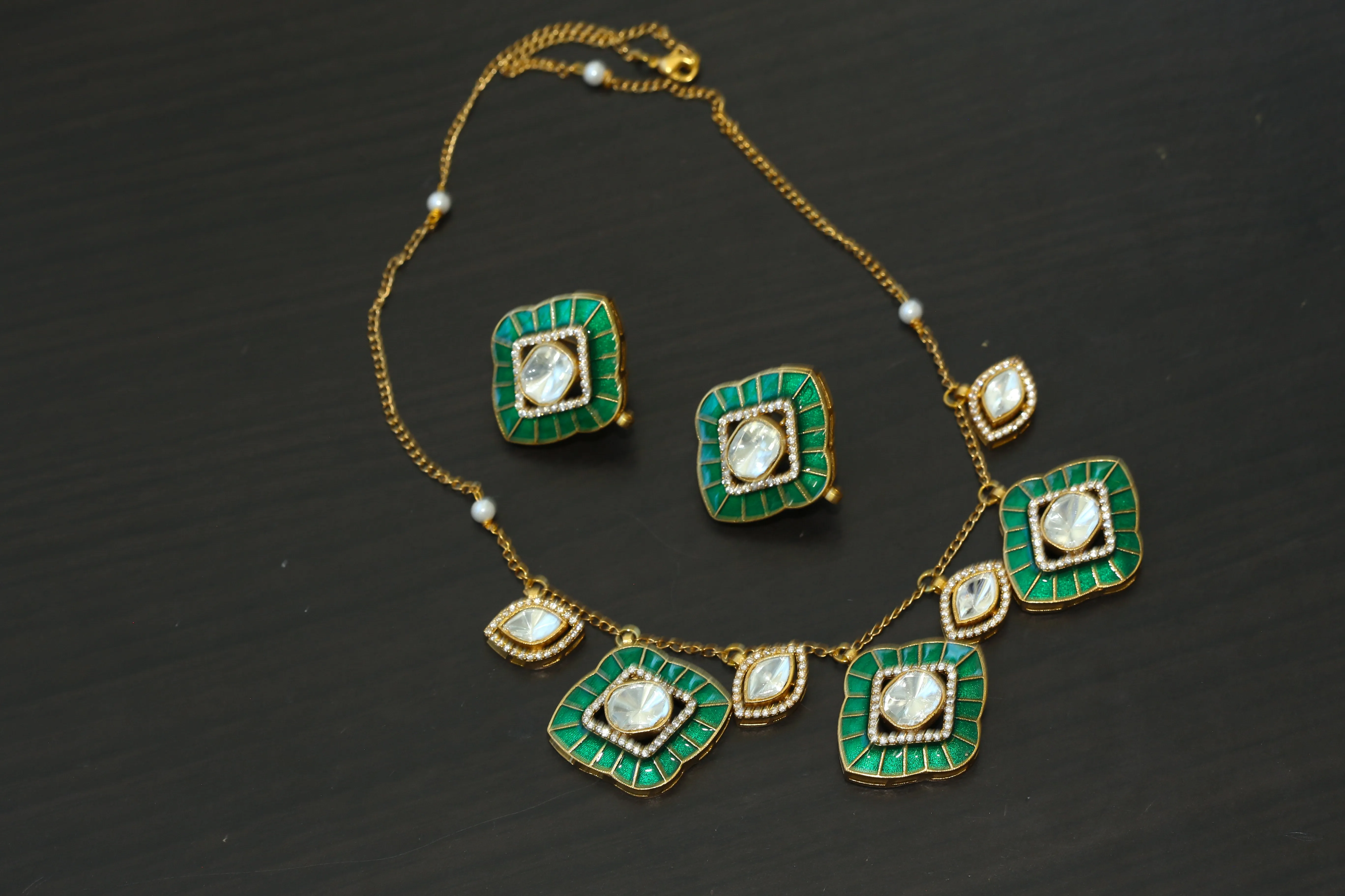 Premium Enamel & Moissanite Look Polki Set - Green