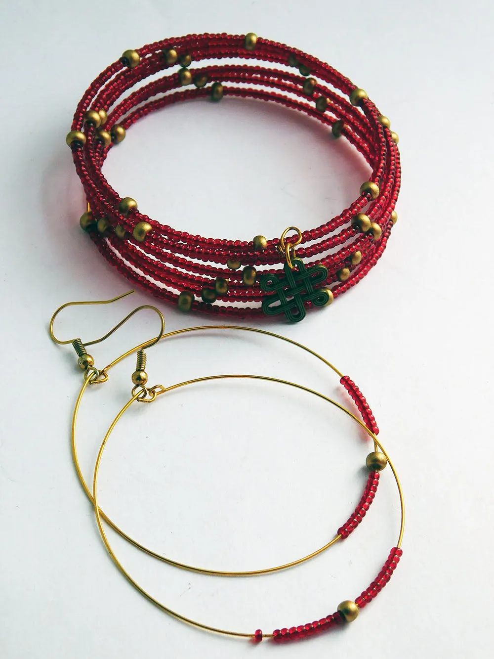 Red Bracelet Beaded Earrings Brass Ethnic