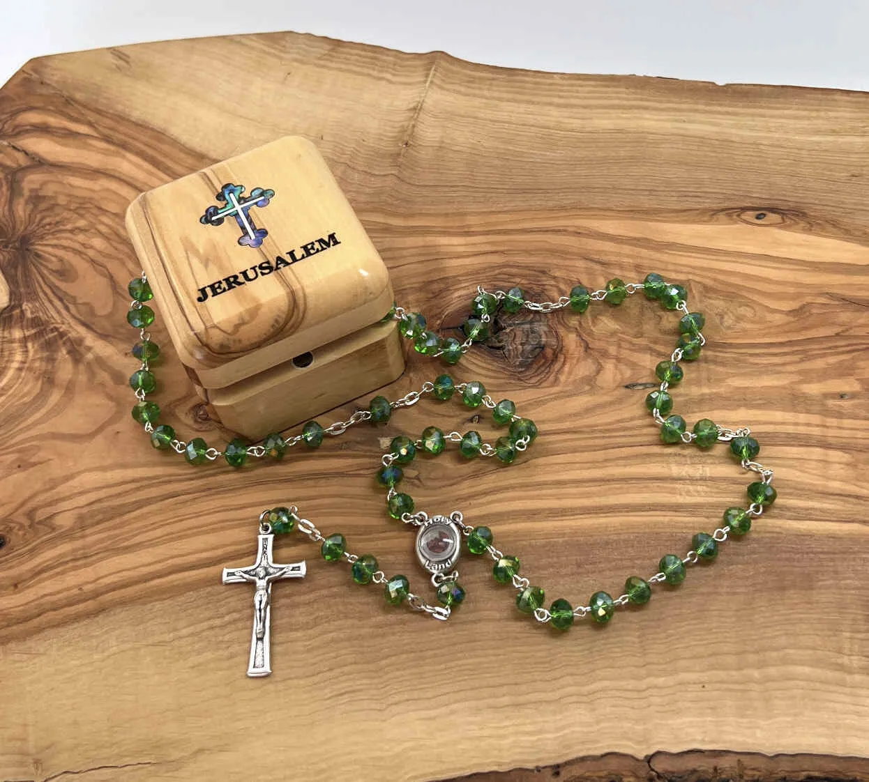 Rosary, Green Crystal Beads, 22.4, Metal Chain, Bethlehem Handmade