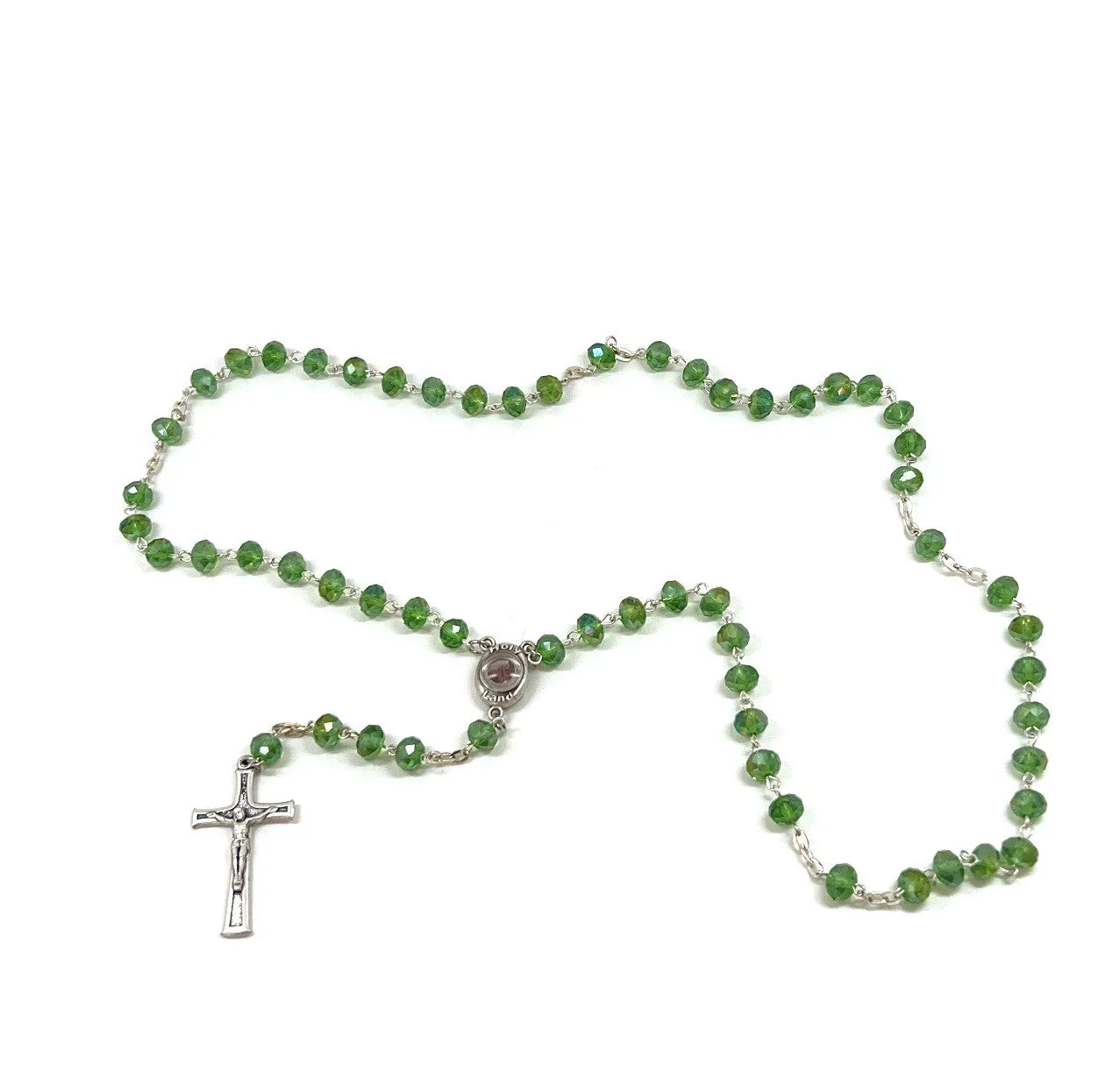 Rosary, Green Crystal Beads, 22.4, Metal Chain, Bethlehem Handmade