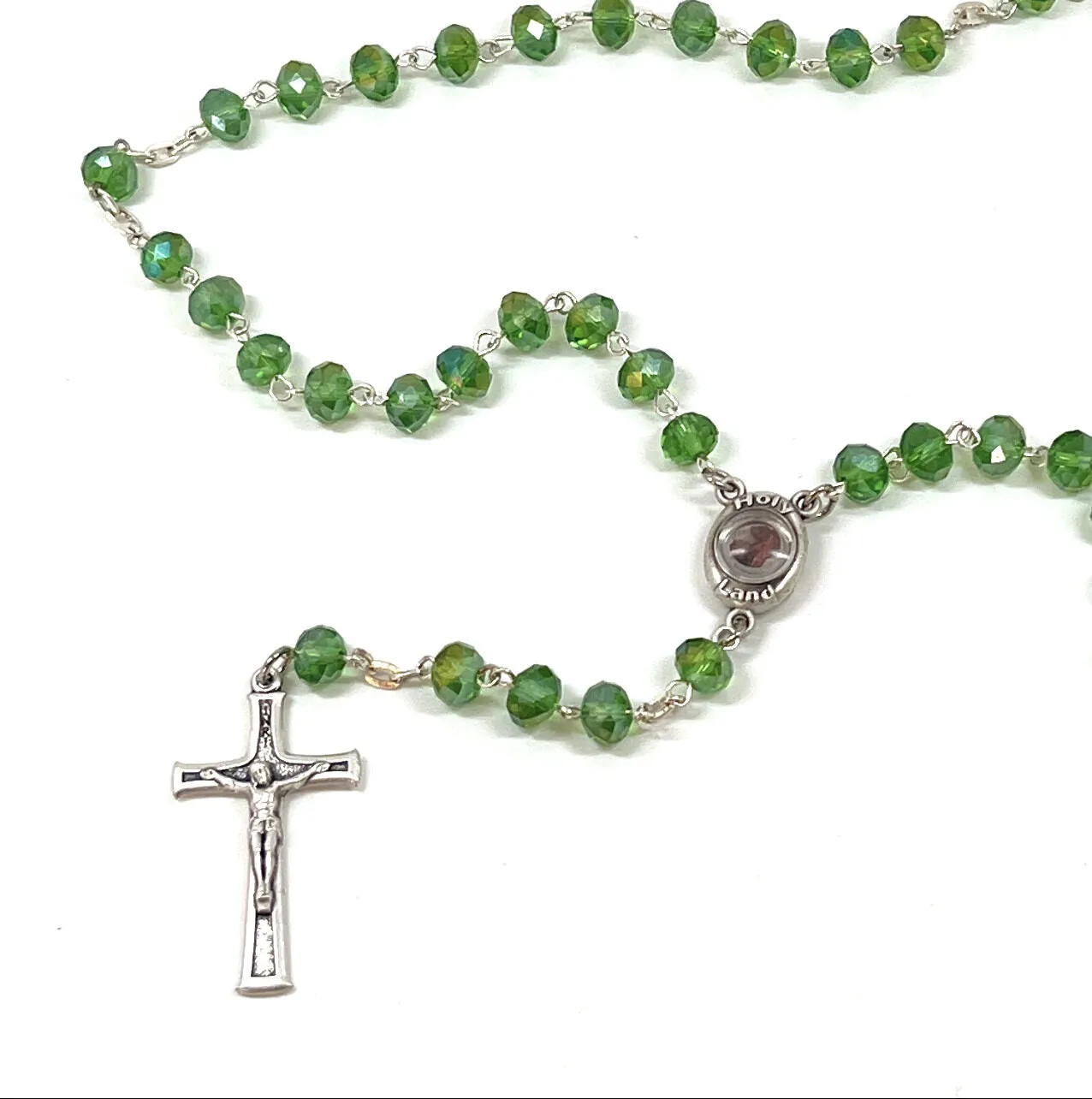 Rosary, Green Crystal Beads, 22.4, Metal Chain, Bethlehem Handmade