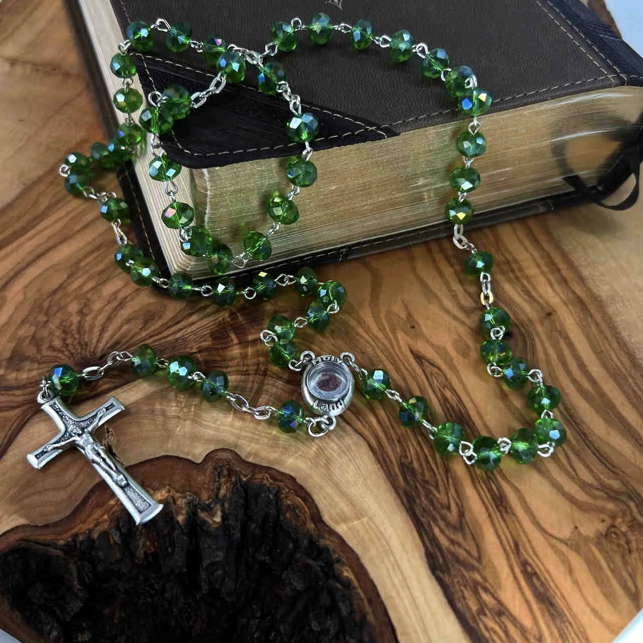 Rosary, Green Crystal Beads, 22.4, Metal Chain, Bethlehem Handmade