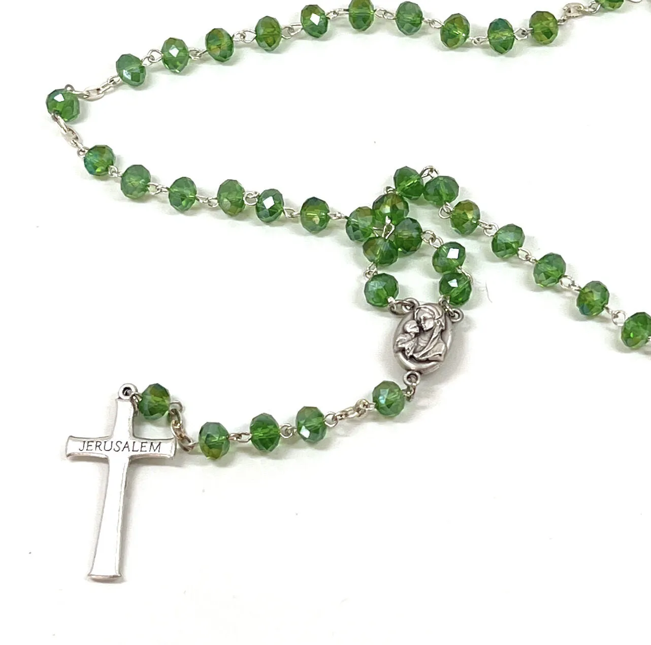 Rosary, Green Crystal Beads, 22.4, Metal Chain, Bethlehem Handmade