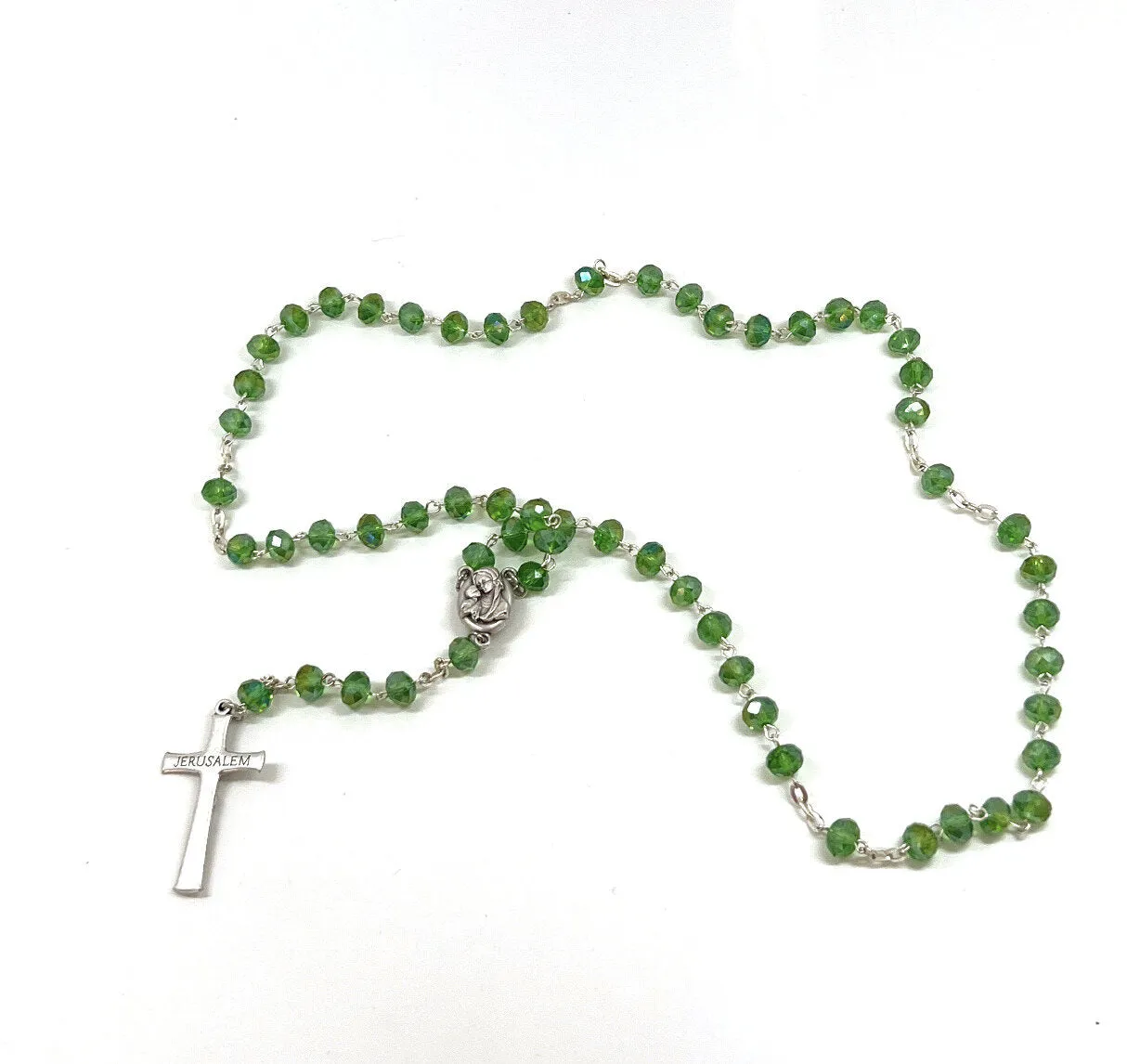 Rosary, Green Crystal Beads, 22.4, Metal Chain, Bethlehem Handmade