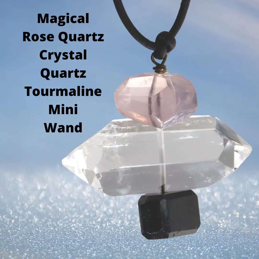 Rose Quartz, Crystal Quartz and Tourmaline Mini Wand