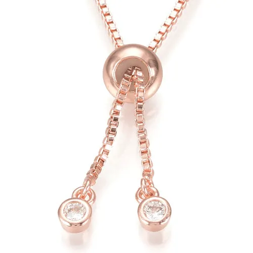 Slider Bracelets, Brass, Box Chain, Adjustable, With Cubic Zirconia, Rose Gold, 24cm