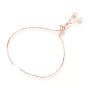 Slider Bracelets, Brass, Box Chain, Adjustable, With Cubic Zirconia, Rose Gold, 24cm