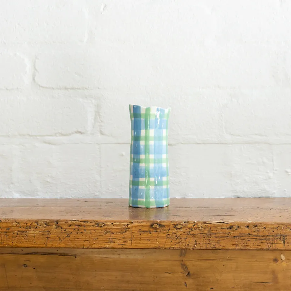 Small cornflower blue + mint green gingham vase