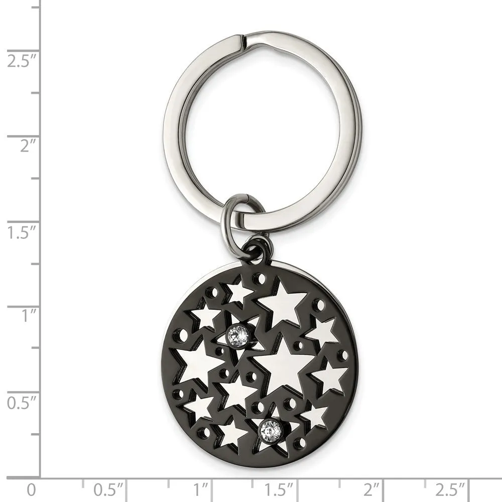 Stainless Steel & Crystal, Polished & Black Plated 2 Pc Star Key Chain