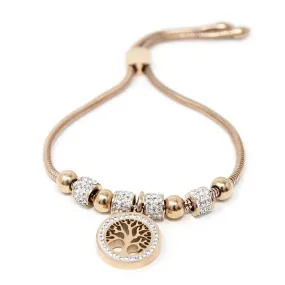 Stainless Steel Pave Tree of Life Adjustable Bracelet Rose Gold Plated