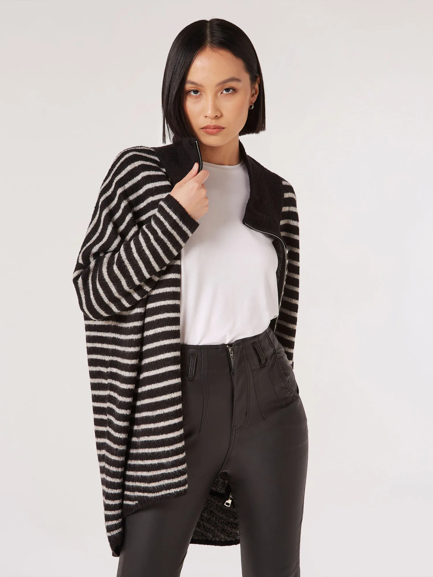 Stripe Knitted Longline Zip Jumper | Apricot Clothing