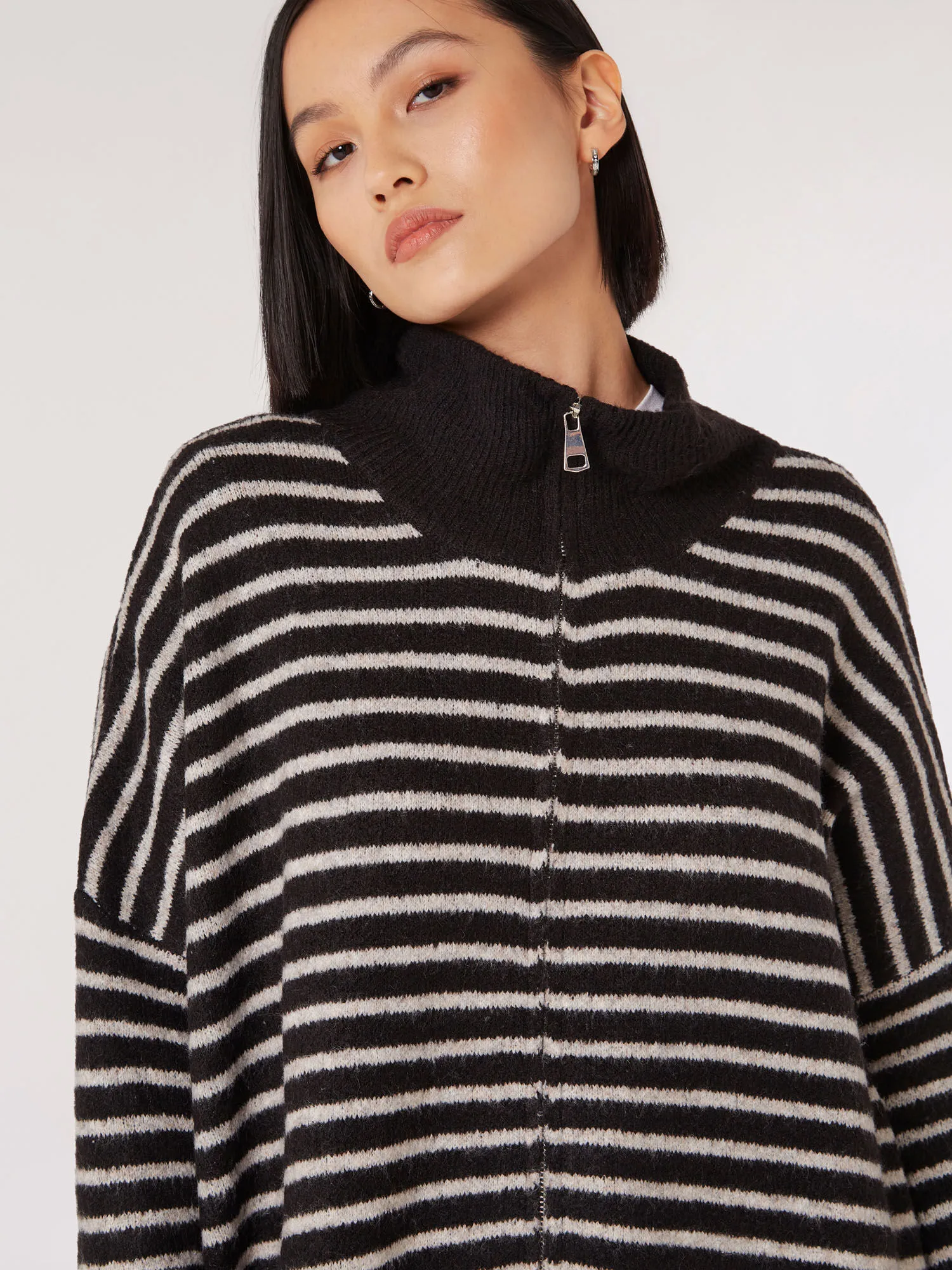 Stripe Knitted Longline Zip Jumper | Apricot Clothing