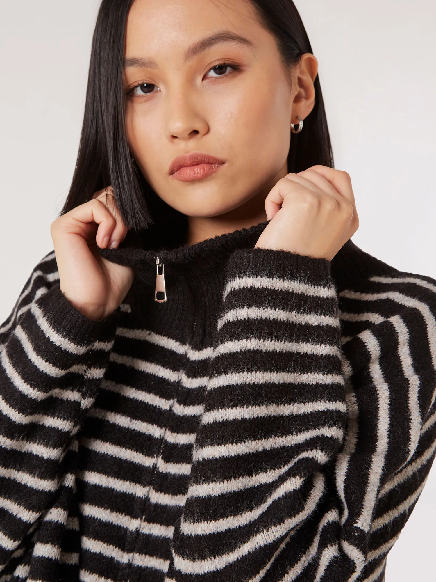 Stripe Knitted Longline Zip Jumper | Apricot Clothing