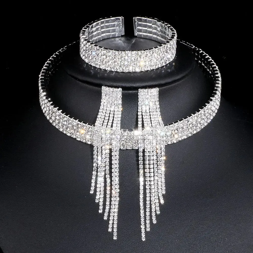 Tassel Crystal Jewelry Rhinestone Necklace Earrings Bracelet sets