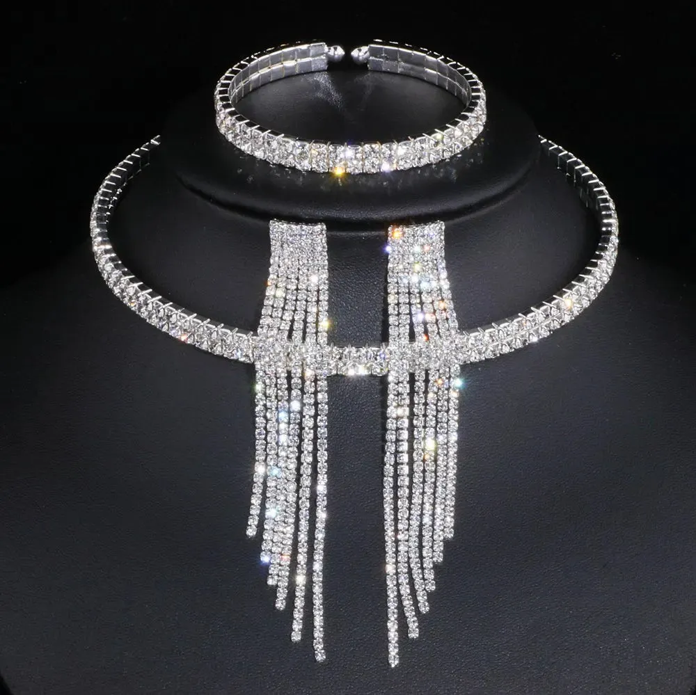 Tassel Crystal Jewelry Rhinestone Necklace Earrings Bracelet sets