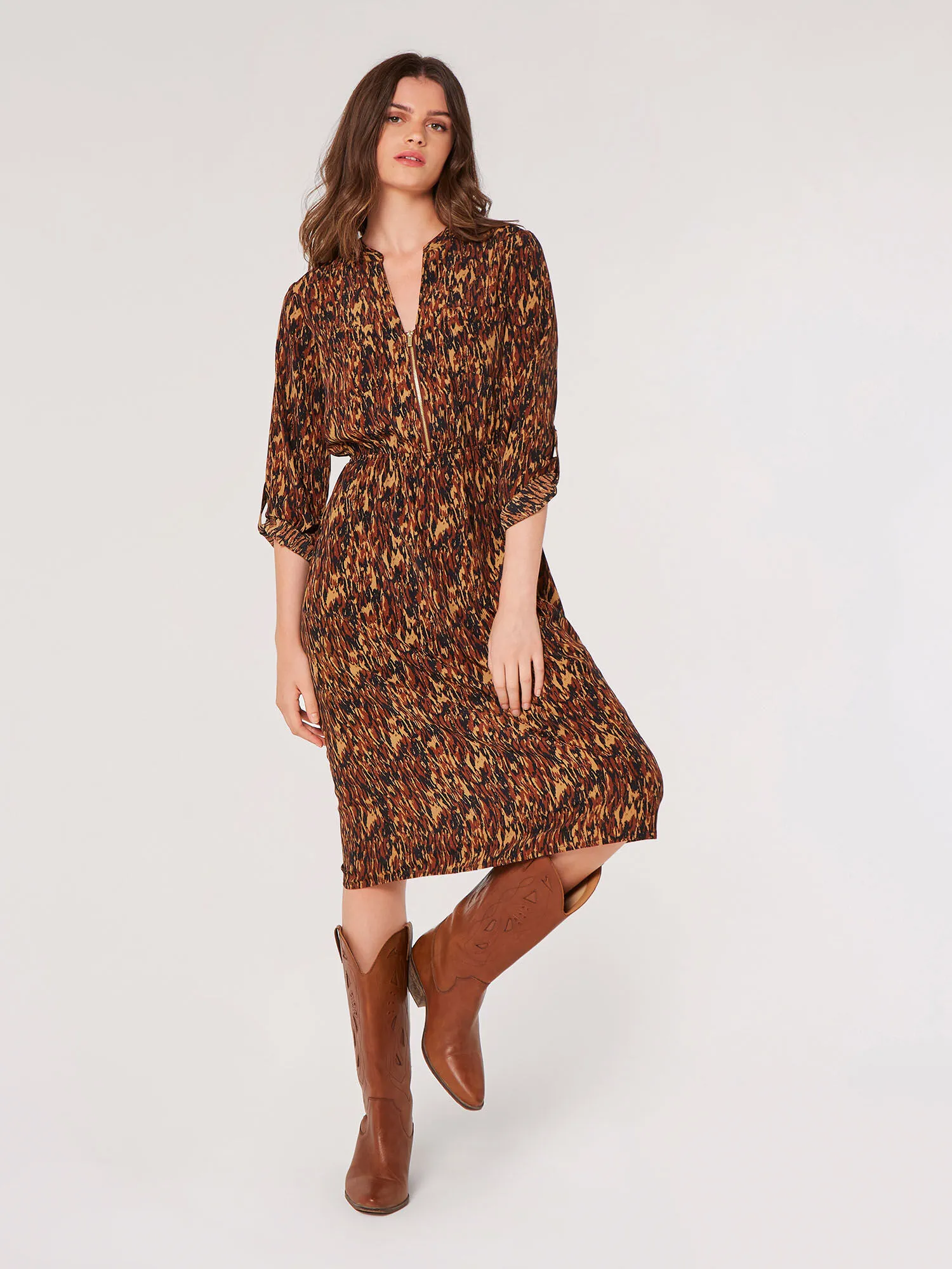 Texture Print Zip Midi Dress | Apricot Clothing