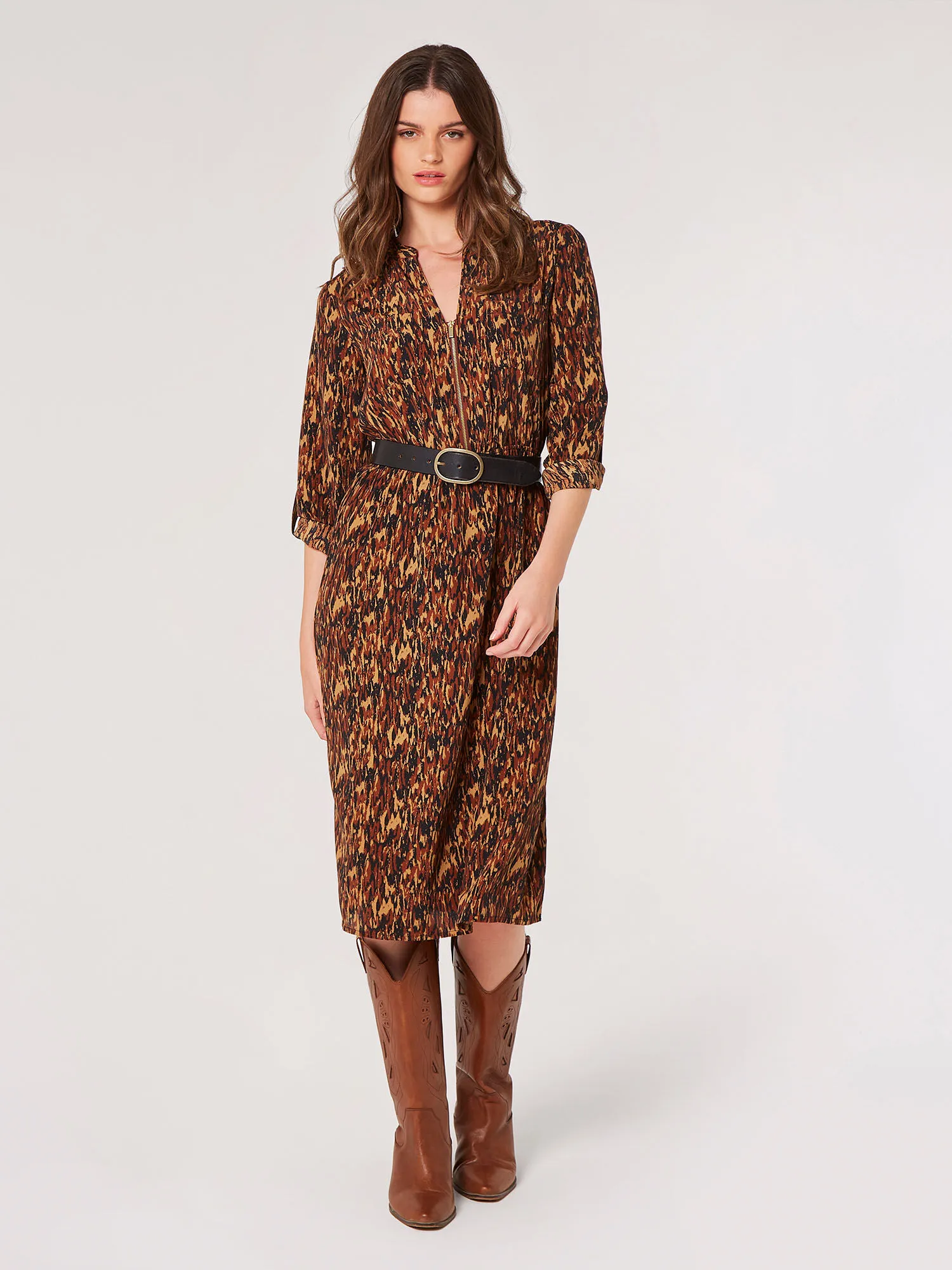 Texture Print Zip Midi Dress | Apricot Clothing