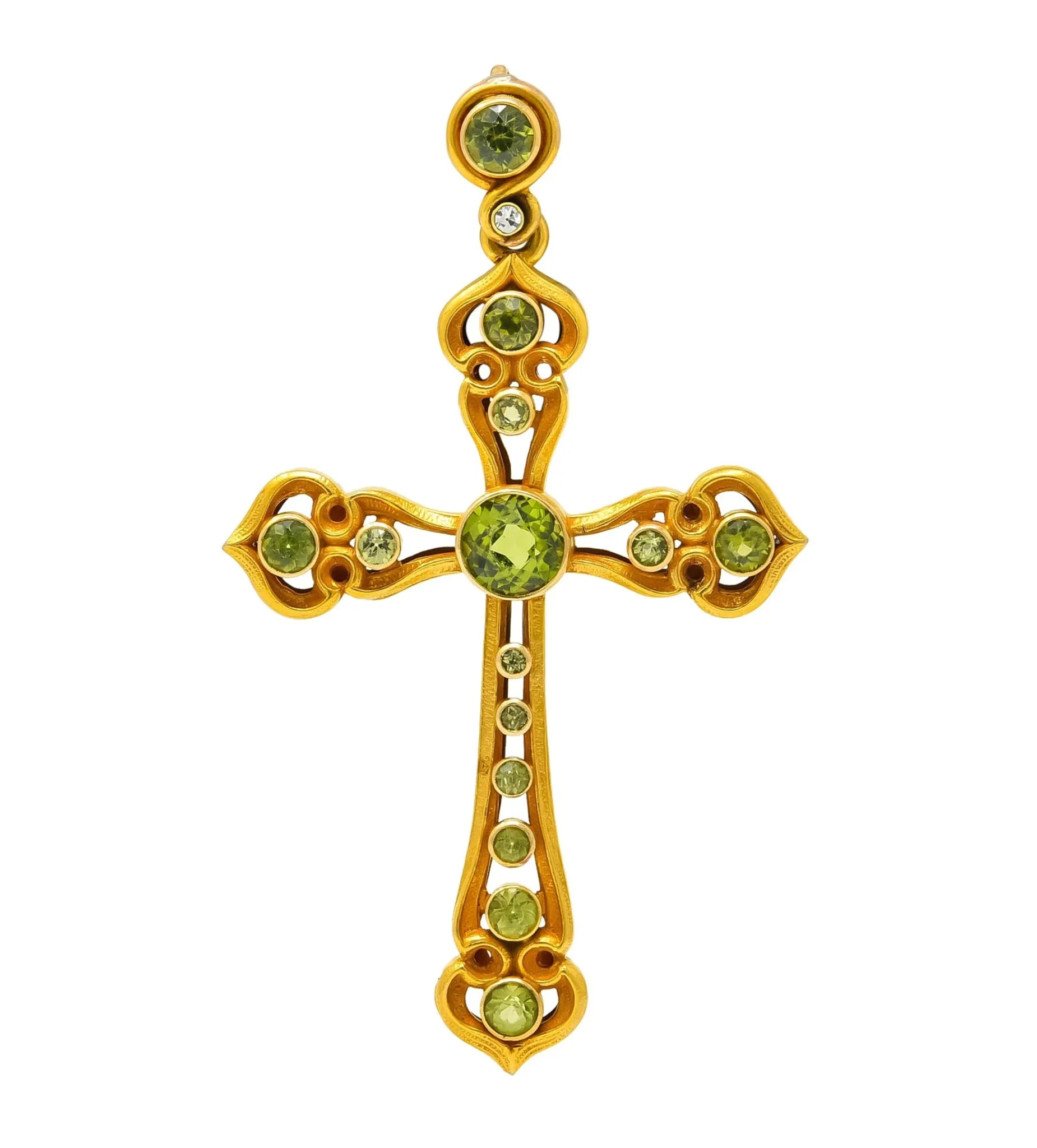 Unisex Victorian Peridot Diamond 14 Karat Gold Celtic Cross Pendant