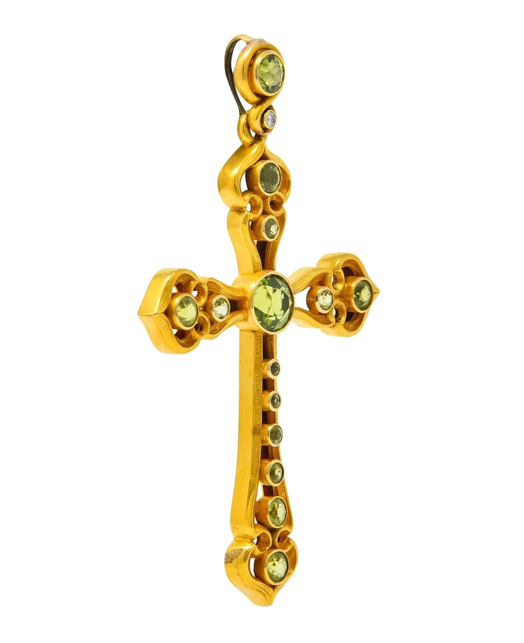 Unisex Victorian Peridot Diamond 14 Karat Gold Celtic Cross Pendant