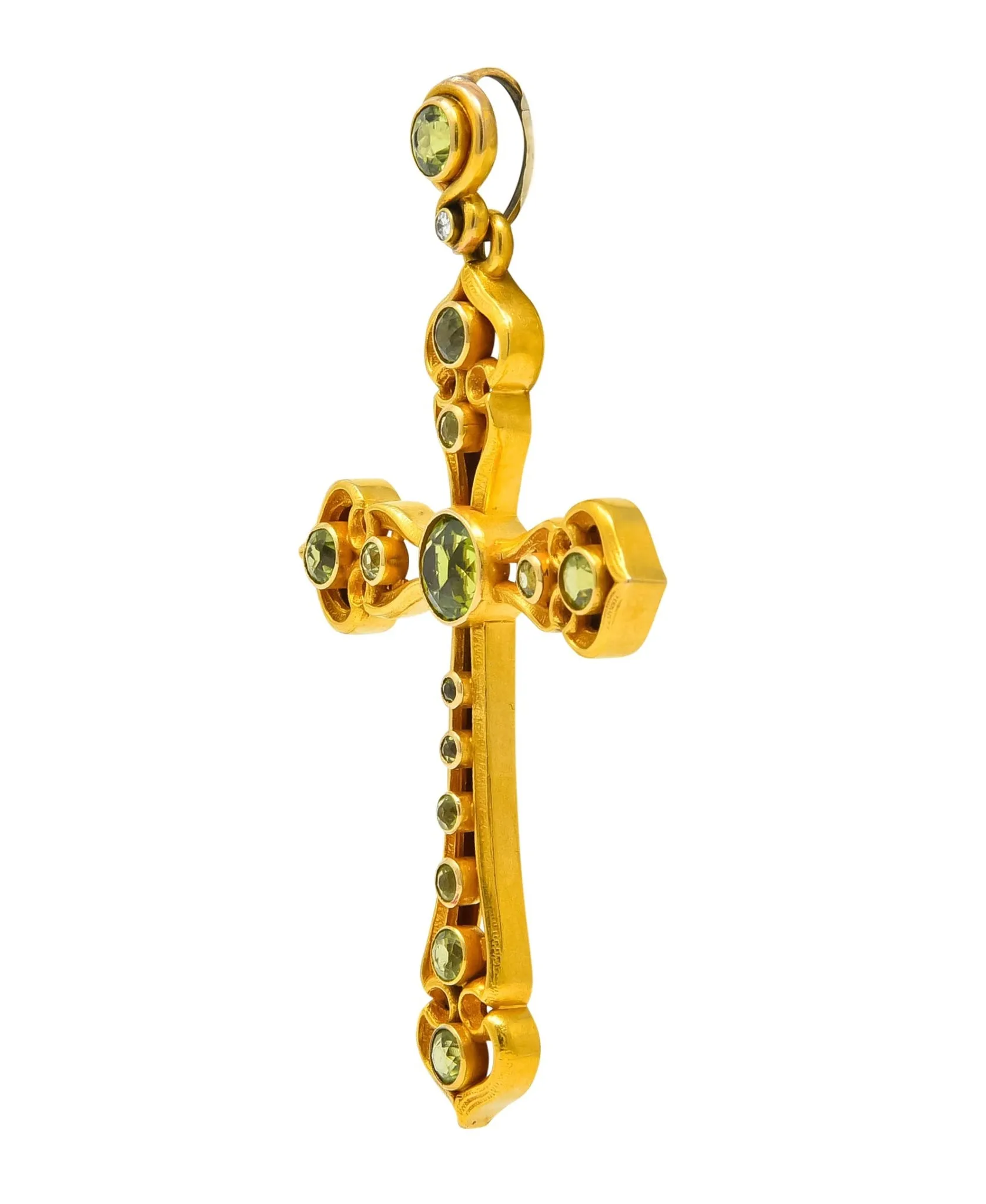 Unisex Victorian Peridot Diamond 14 Karat Gold Celtic Cross Pendant