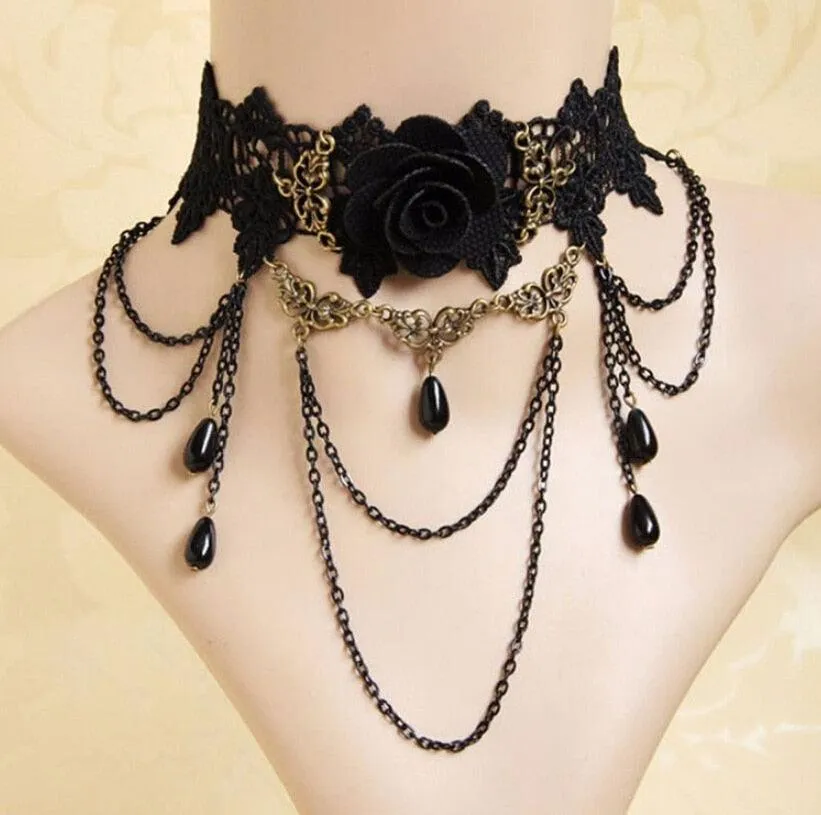 Unleash Your Inner Vampire with Victorian Gothic Red Rhinestone Charms Vampire Maxi Necklace Choker