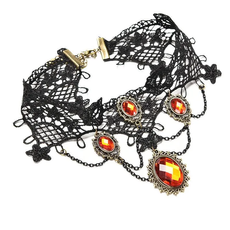 Unleash Your Inner Vampire with Victorian Gothic Red Rhinestone Charms Vampire Maxi Necklace Choker