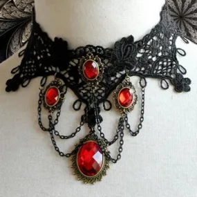 Unleash Your Inner Vampire with Victorian Gothic Red Rhinestone Charms Vampire Maxi Necklace Choker