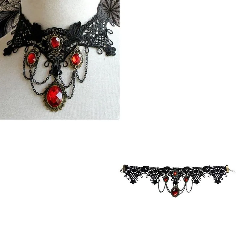 Unleash Your Inner Vampire with Victorian Gothic Red Rhinestone Charms Vampire Maxi Necklace Choker