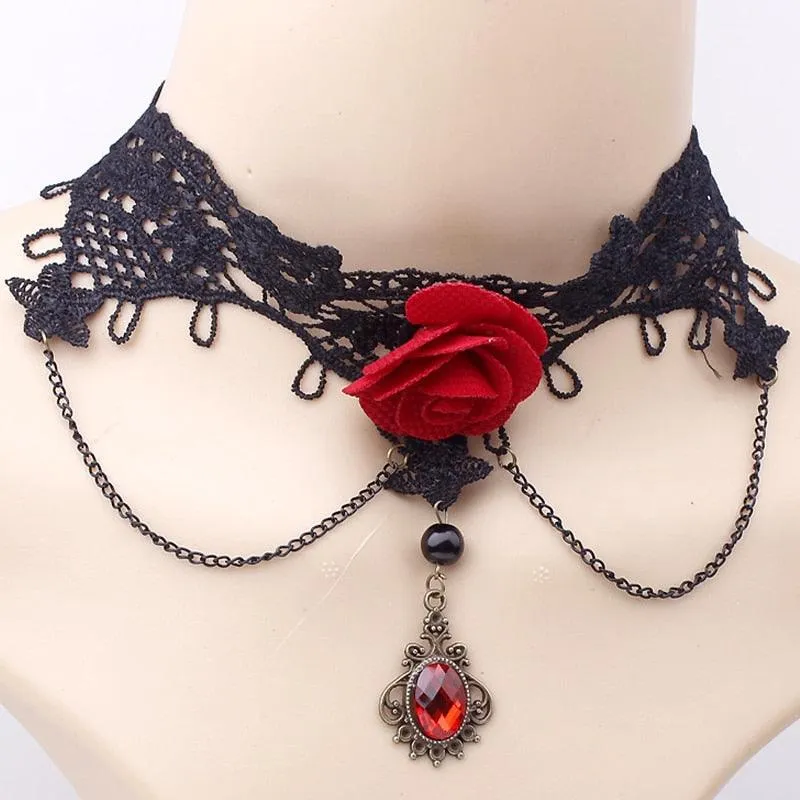 Unleash Your Inner Vampire with Victorian Gothic Red Rhinestone Charms Vampire Maxi Necklace Choker