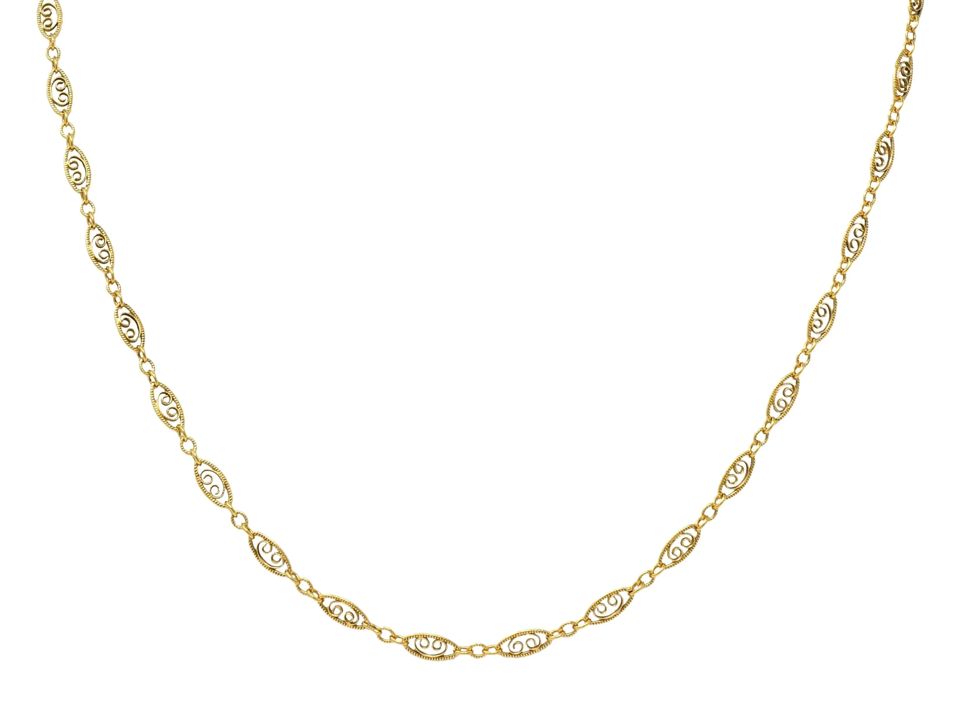 Victorian 14 Karat Yellow Gold Scrolling Navette Link Antique Chain Necklace