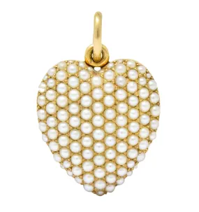 Victorian 14 Karat Yellow Gold Seed Pearl Heart Locket Pendant