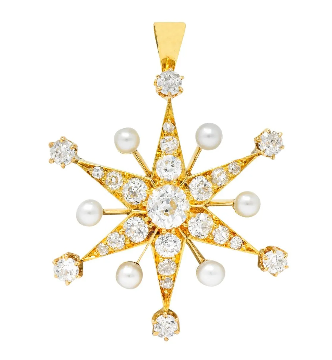 Victorian 1.95 CTW Diamond Pearl 14 Karat Gold Star Sunburst Pendant