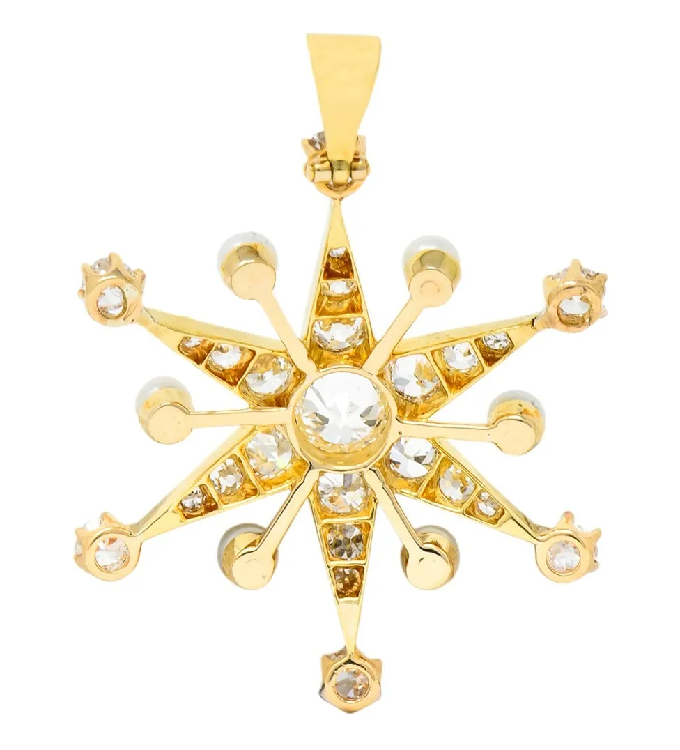 Victorian 1.95 CTW Diamond Pearl 14 Karat Gold Star Sunburst Pendant