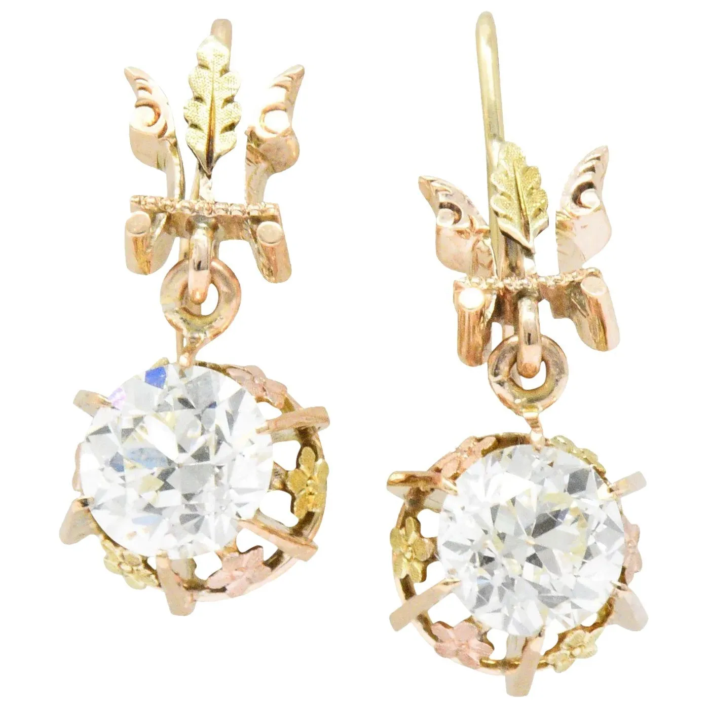 Victorian 2.10 CTW Diamond 14 Karat Two-Tone Gold Drop Earrings