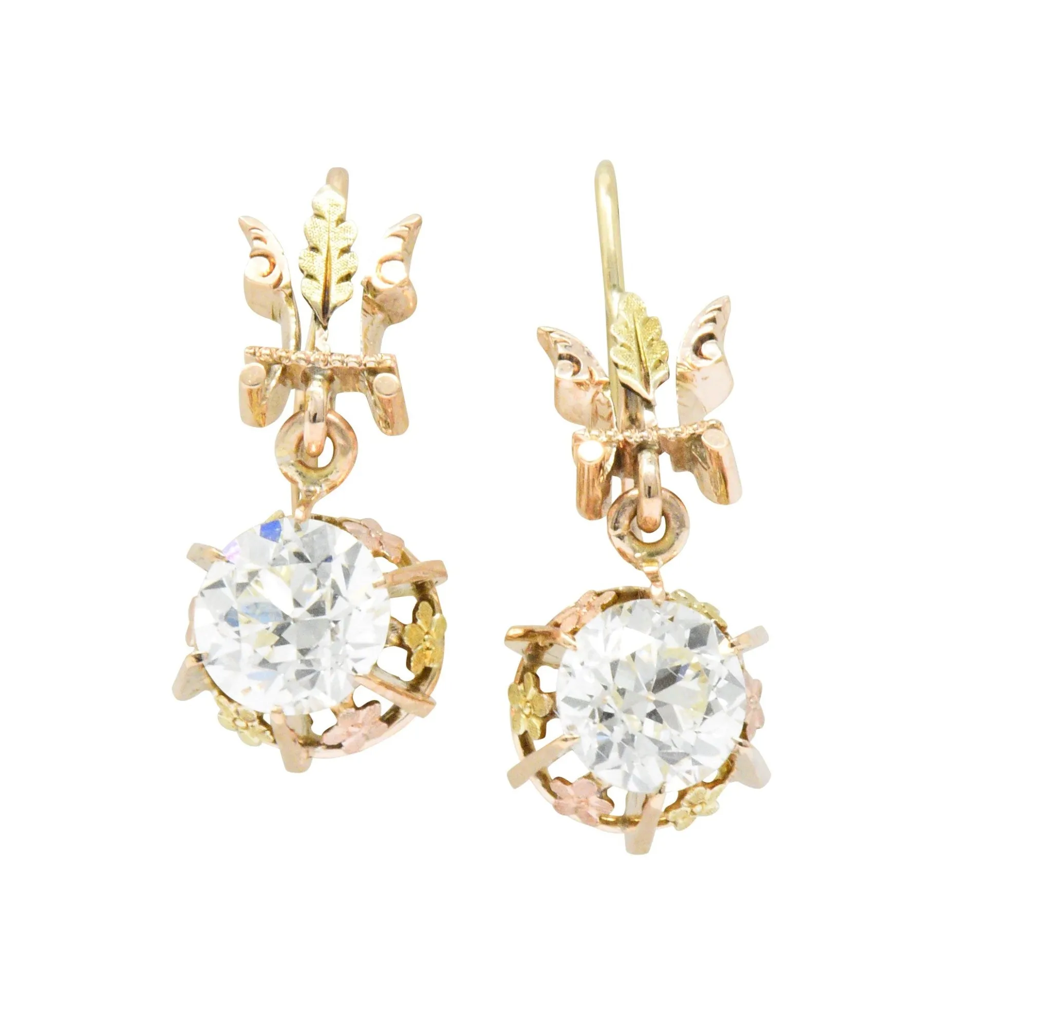 Victorian 2.10 CTW Diamond 14 Karat Two-Tone Gold Drop Earrings