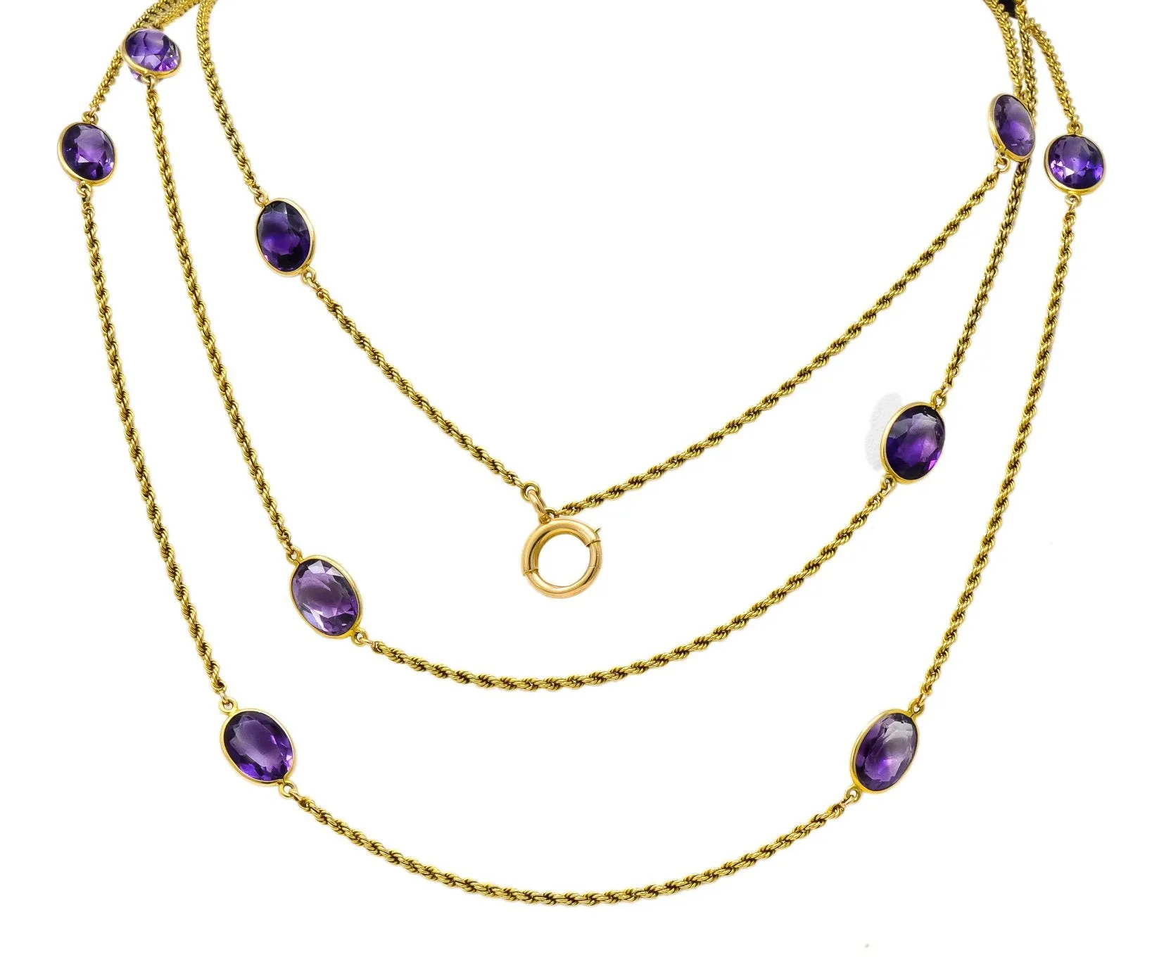 Victorian 50.00 CTW Amethyst 14 Karat Gold 64 Inch Station Necklace