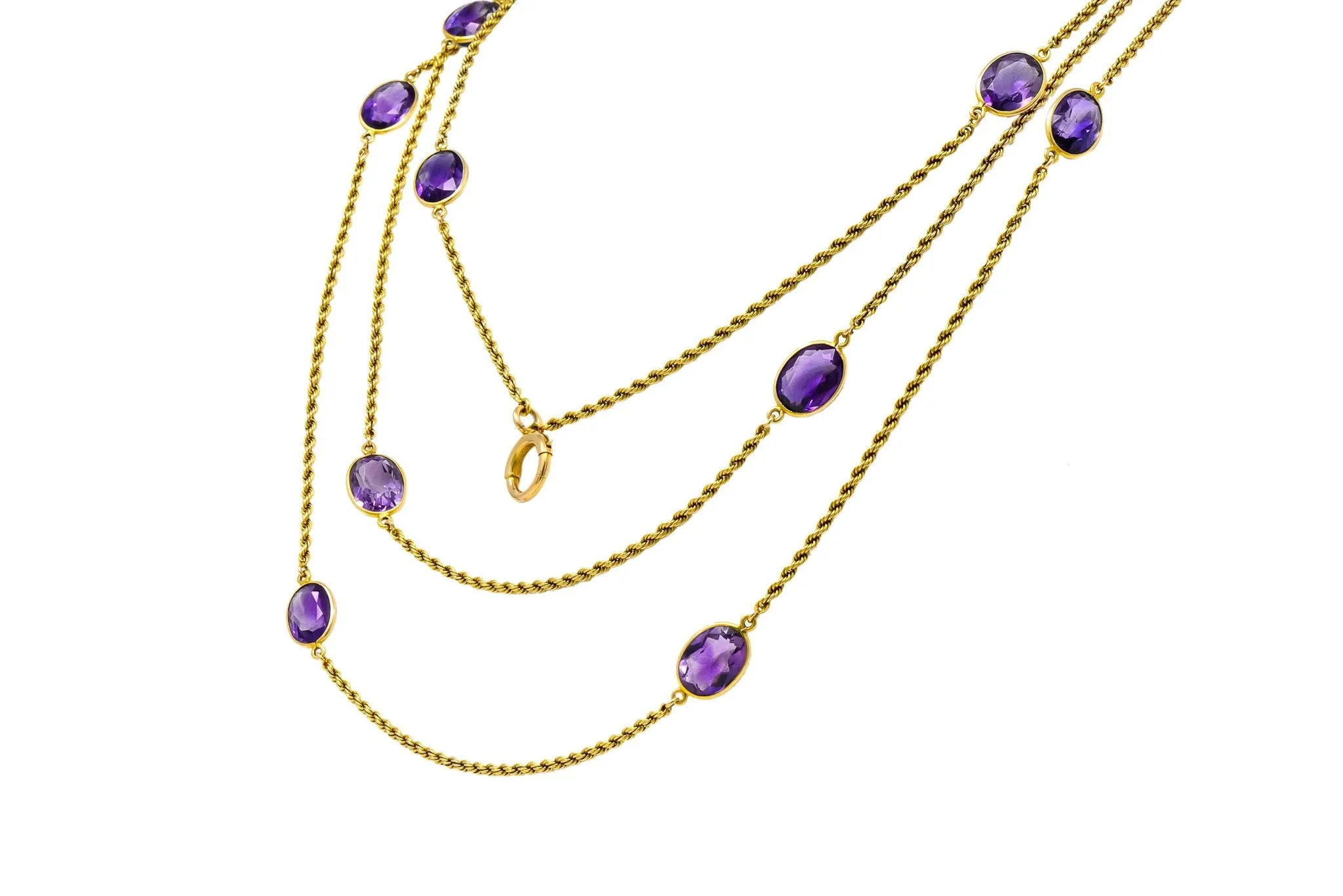 Victorian 50.00 CTW Amethyst 14 Karat Gold 64 Inch Station Necklace