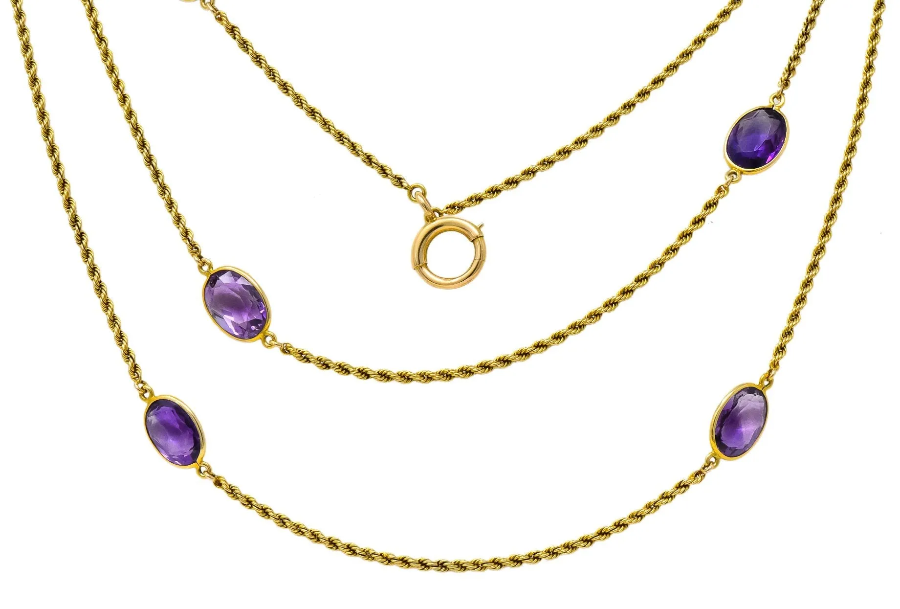 Victorian 50.00 CTW Amethyst 14 Karat Gold 64 Inch Station Necklace