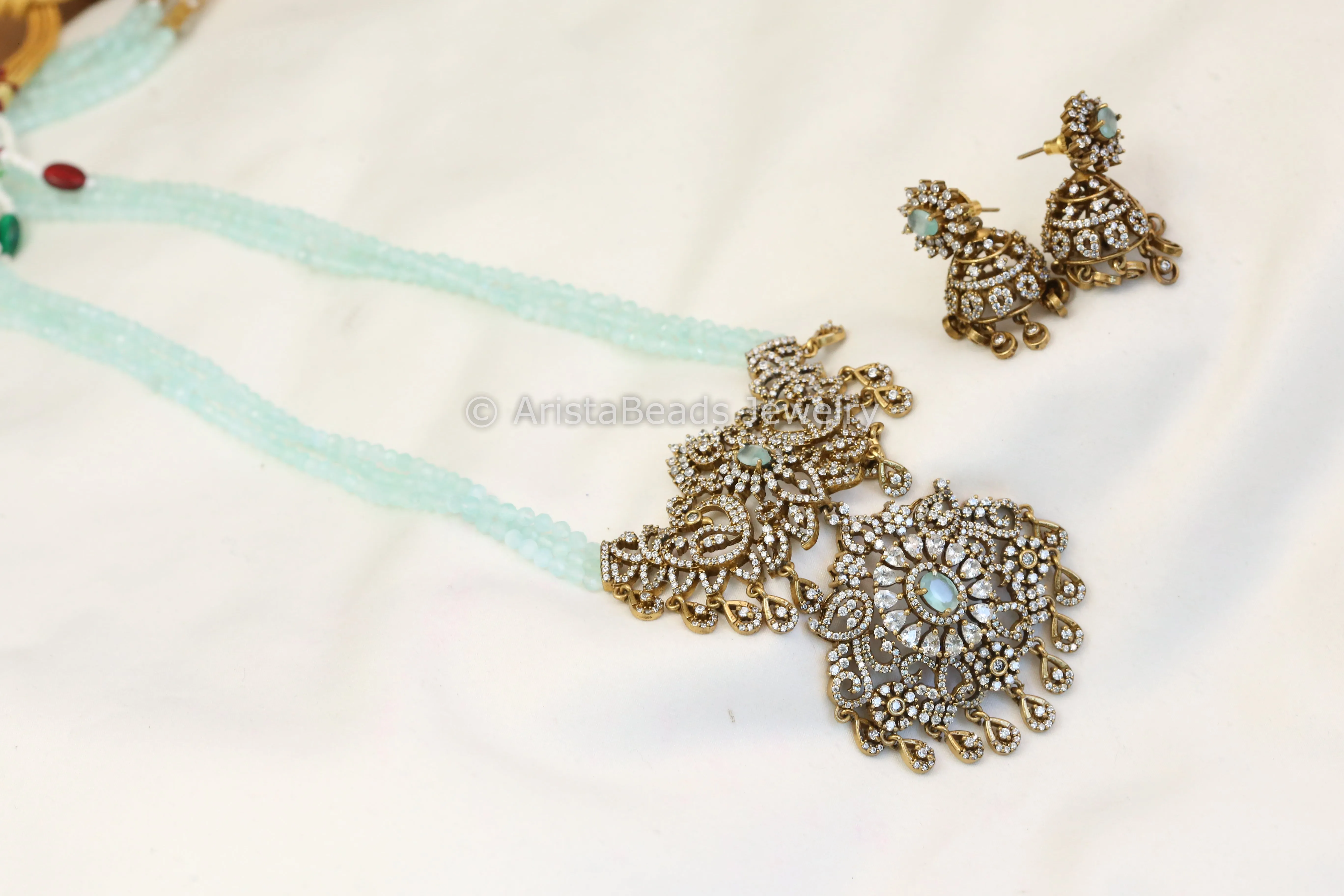 Victorian Beaded CZ Jhumka Set- Blue