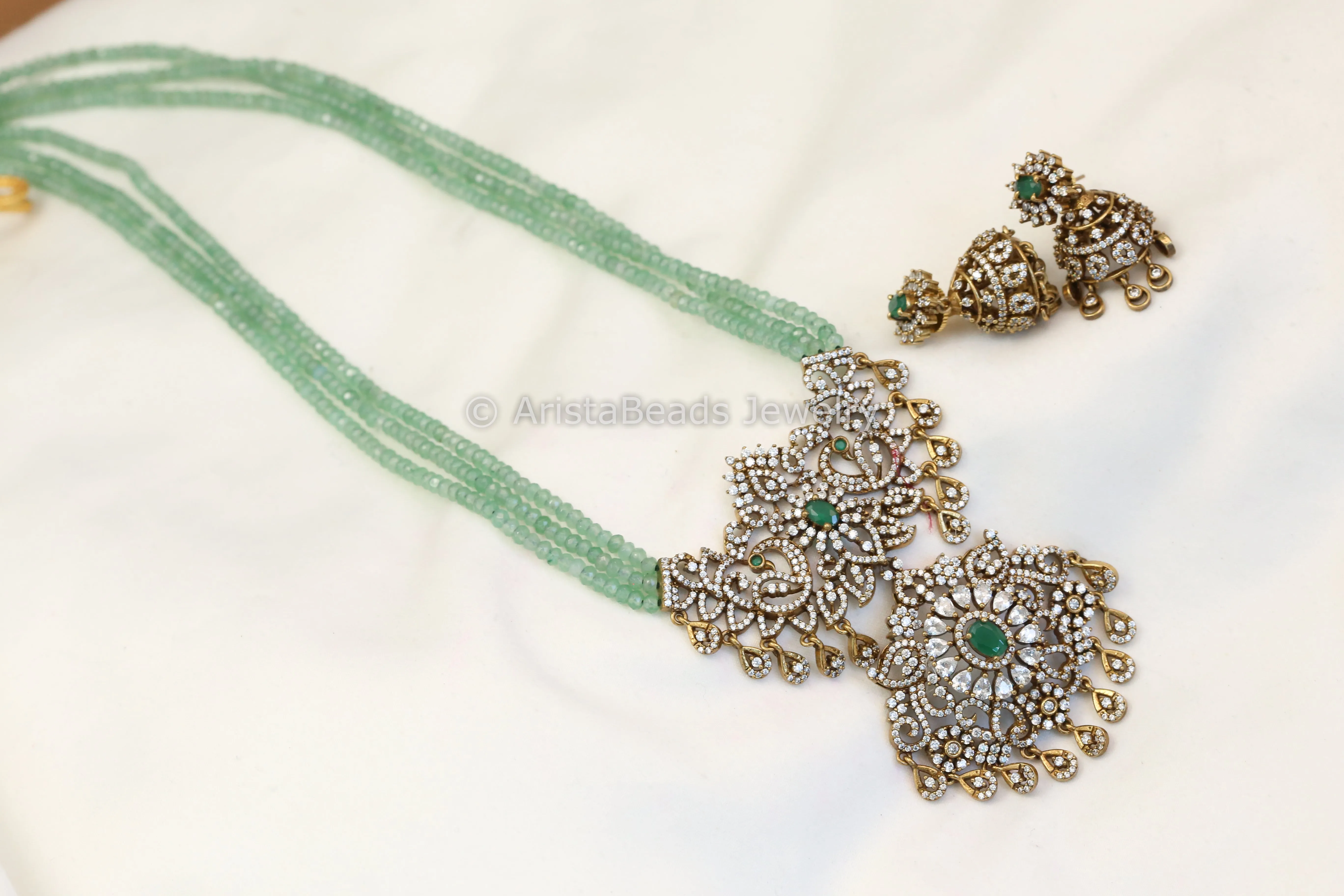 Victorian Beaded CZ Jhumka Set- Mint