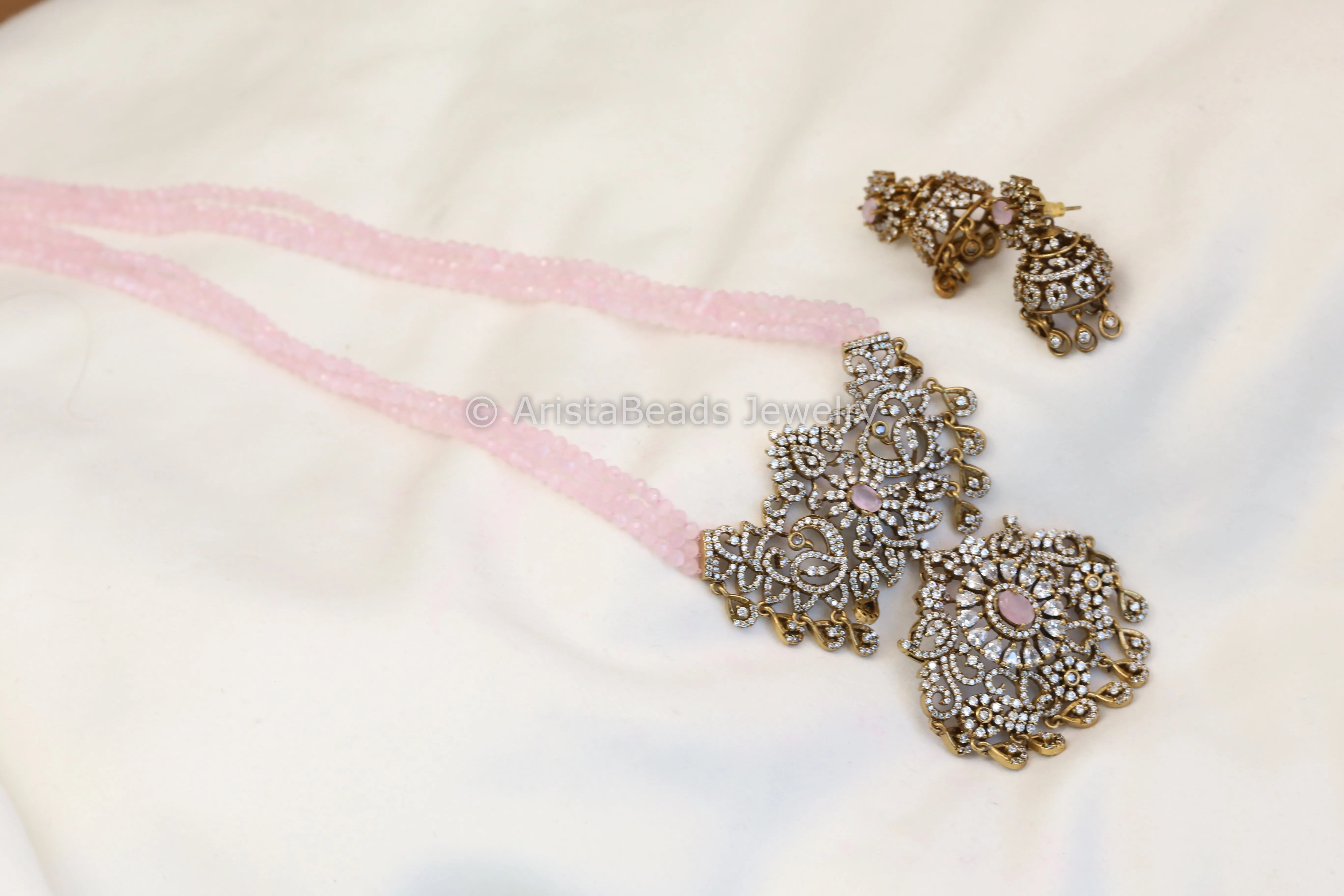 Victorian Beaded CZ Jhumka Set- Pink