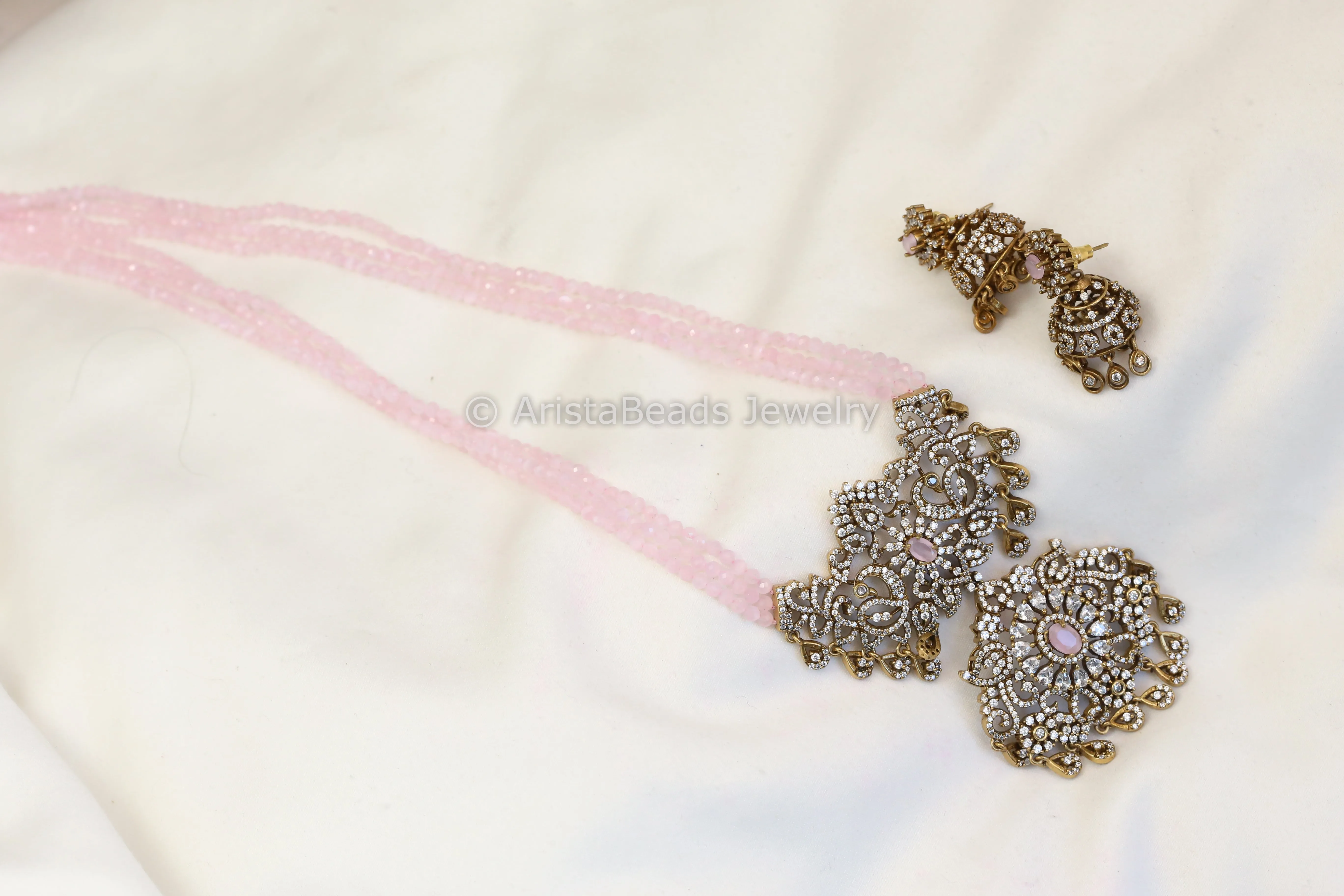 Victorian Beaded CZ Jhumka Set- Pink