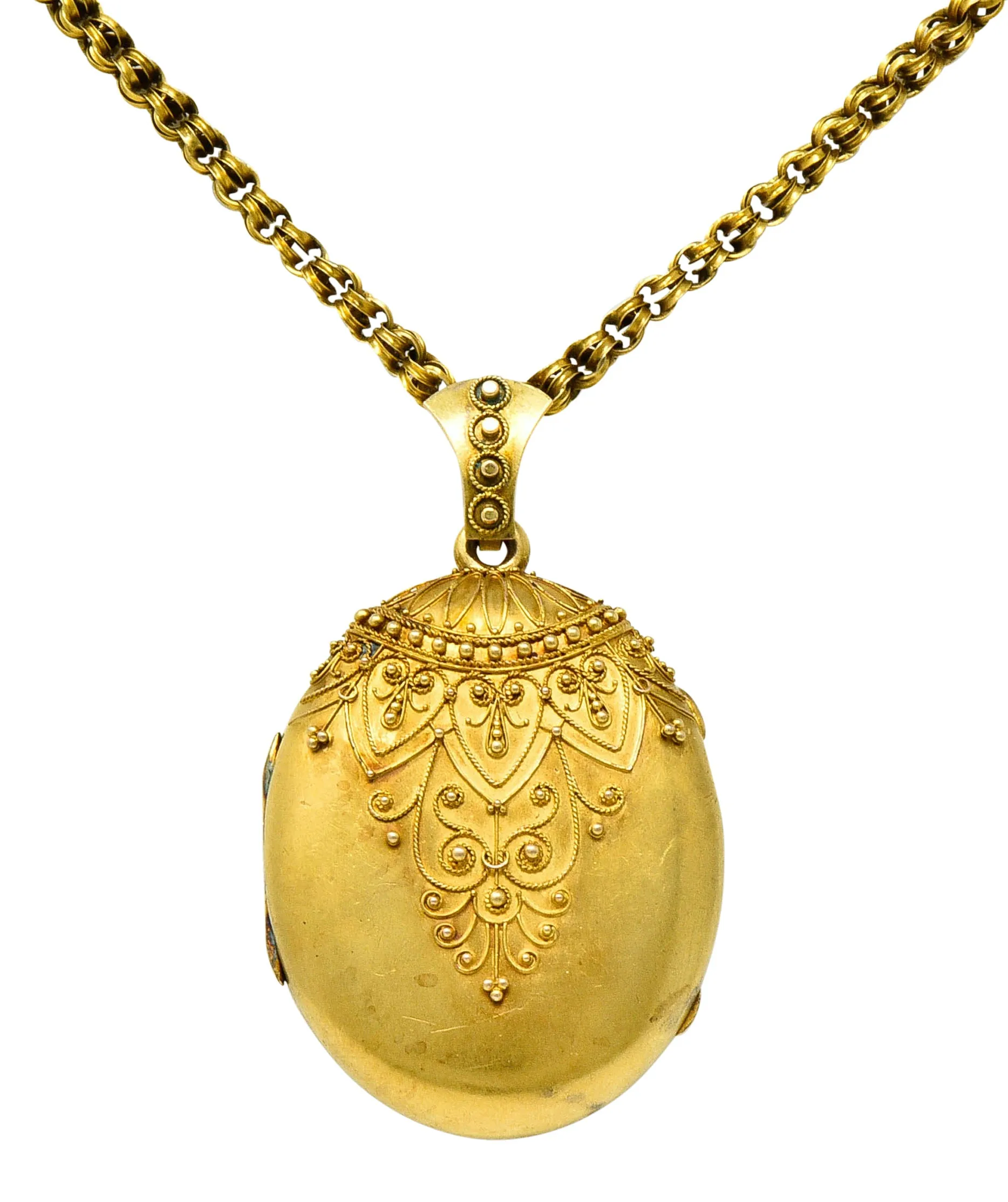 Victorian Etruscan Revival 14 & 18 Karat Gold Locket Necklace