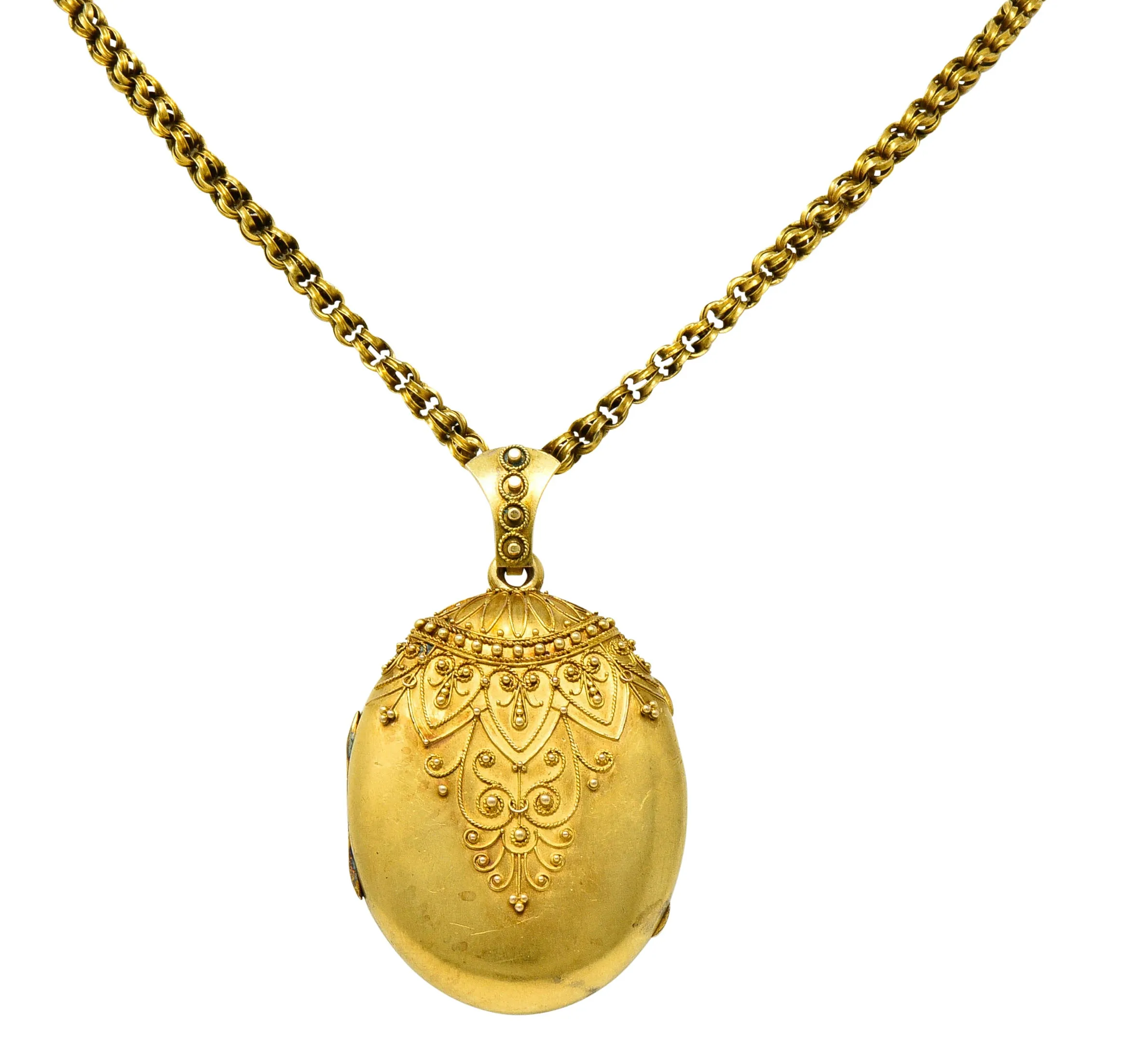 Victorian Etruscan Revival 14 & 18 Karat Gold Locket Necklace