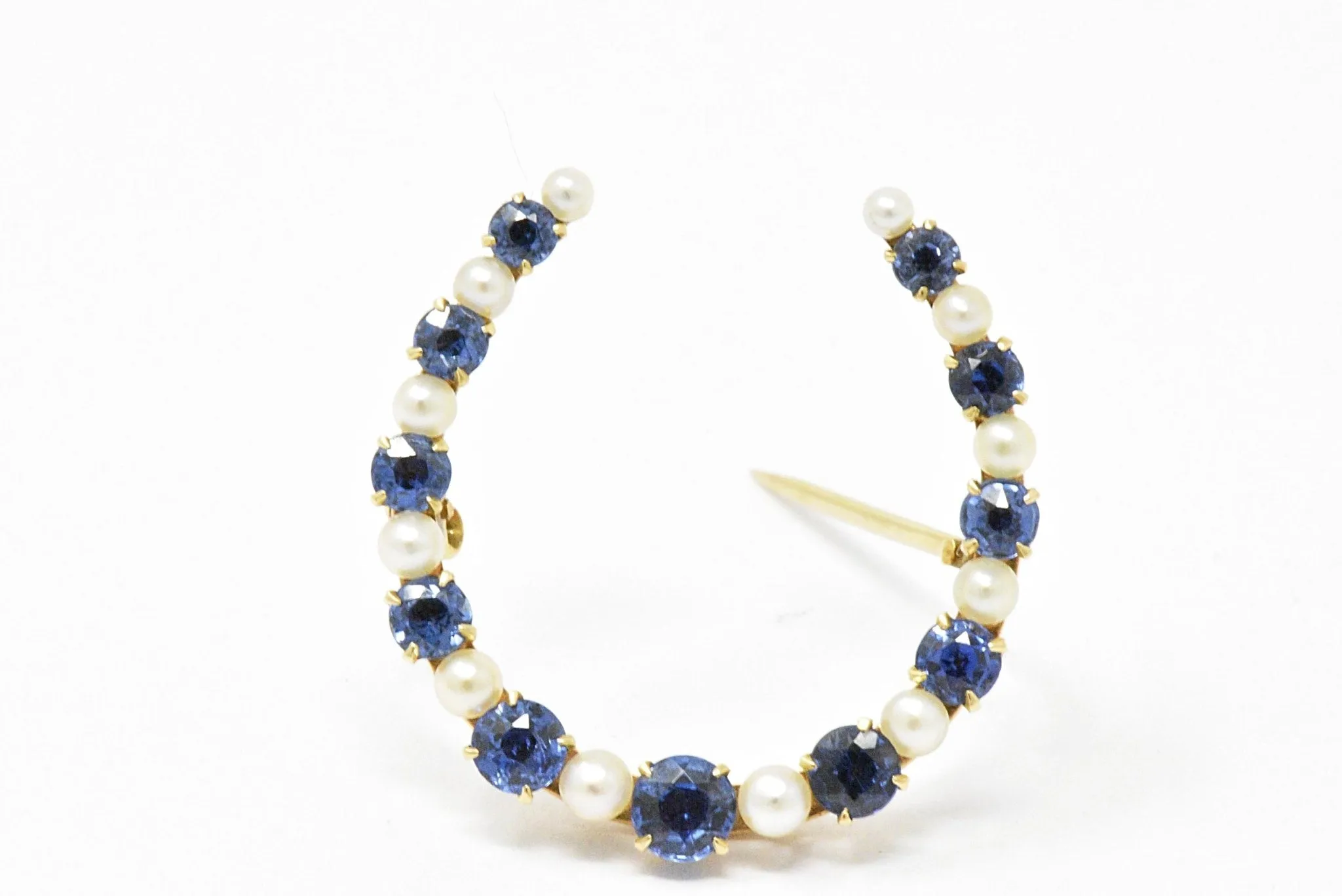 Victorian Montana Sapphire and Natural Pearl 14K Yellow Gold Horseshoe Pin Brooch