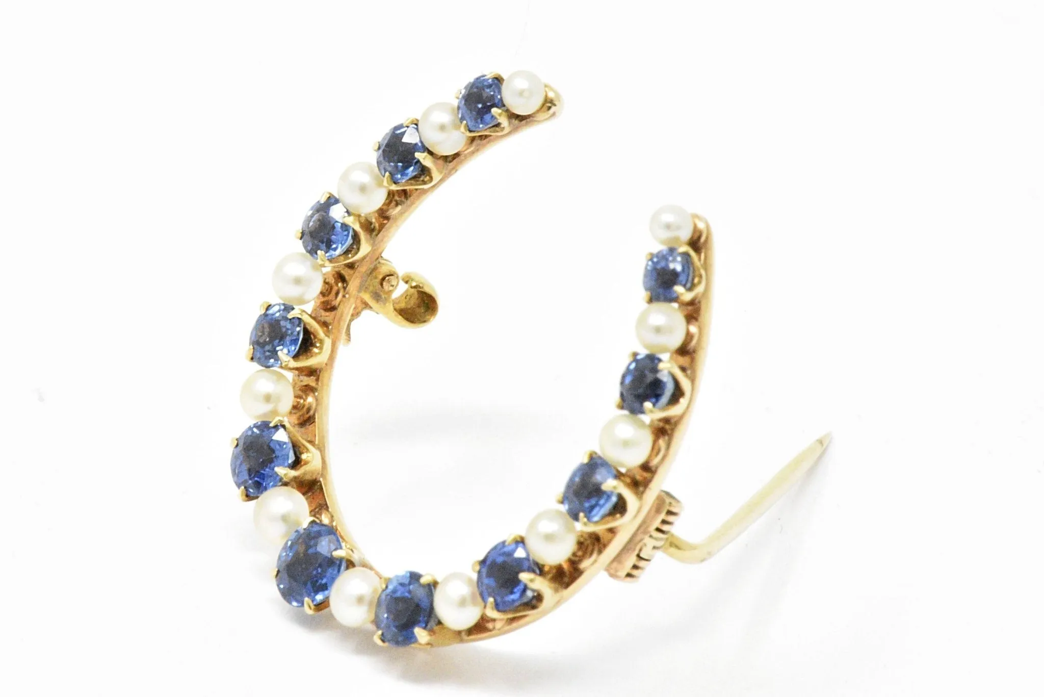 Victorian Montana Sapphire and Natural Pearl 14K Yellow Gold Horseshoe Pin Brooch