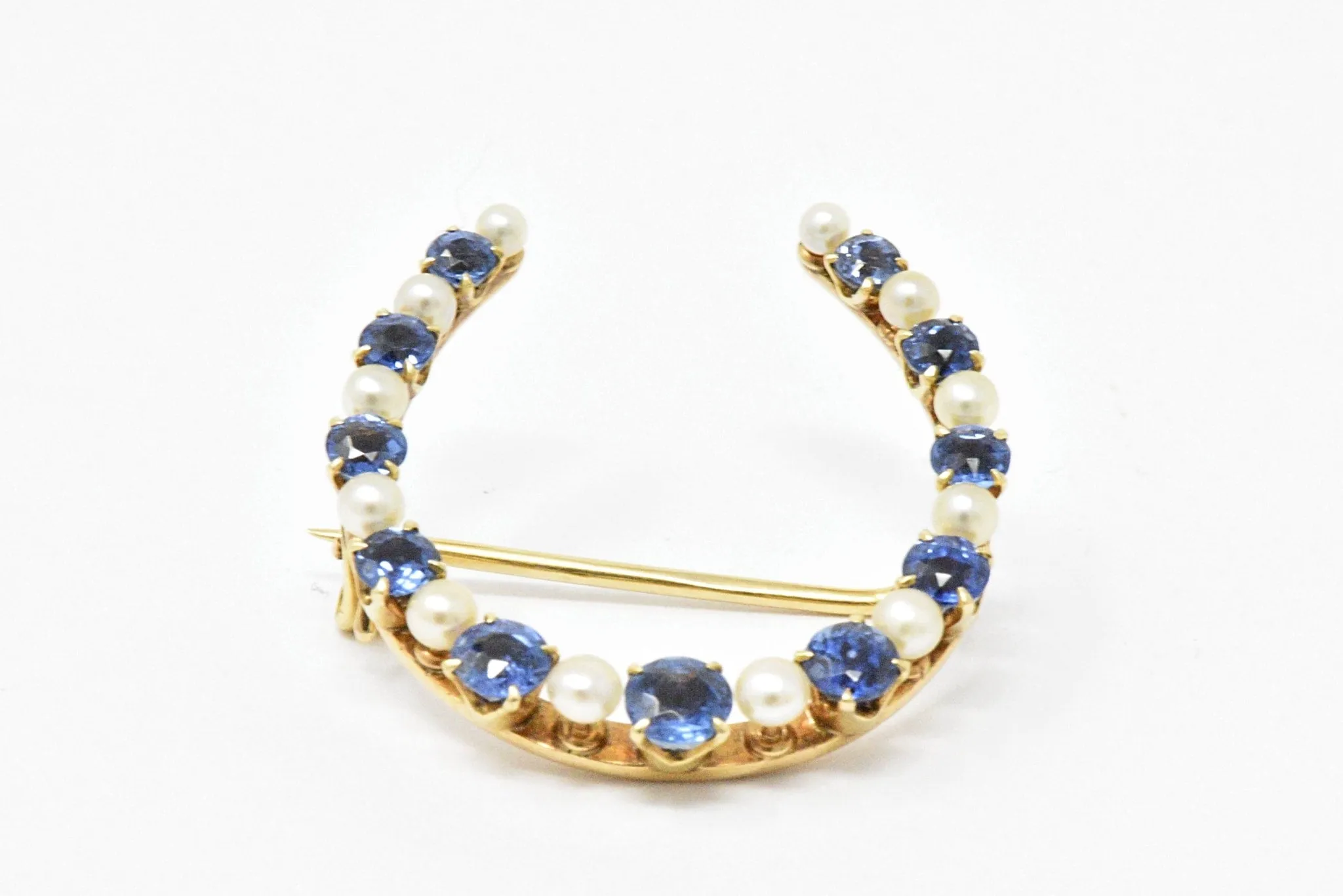 Victorian Montana Sapphire and Natural Pearl 14K Yellow Gold Horseshoe Pin Brooch