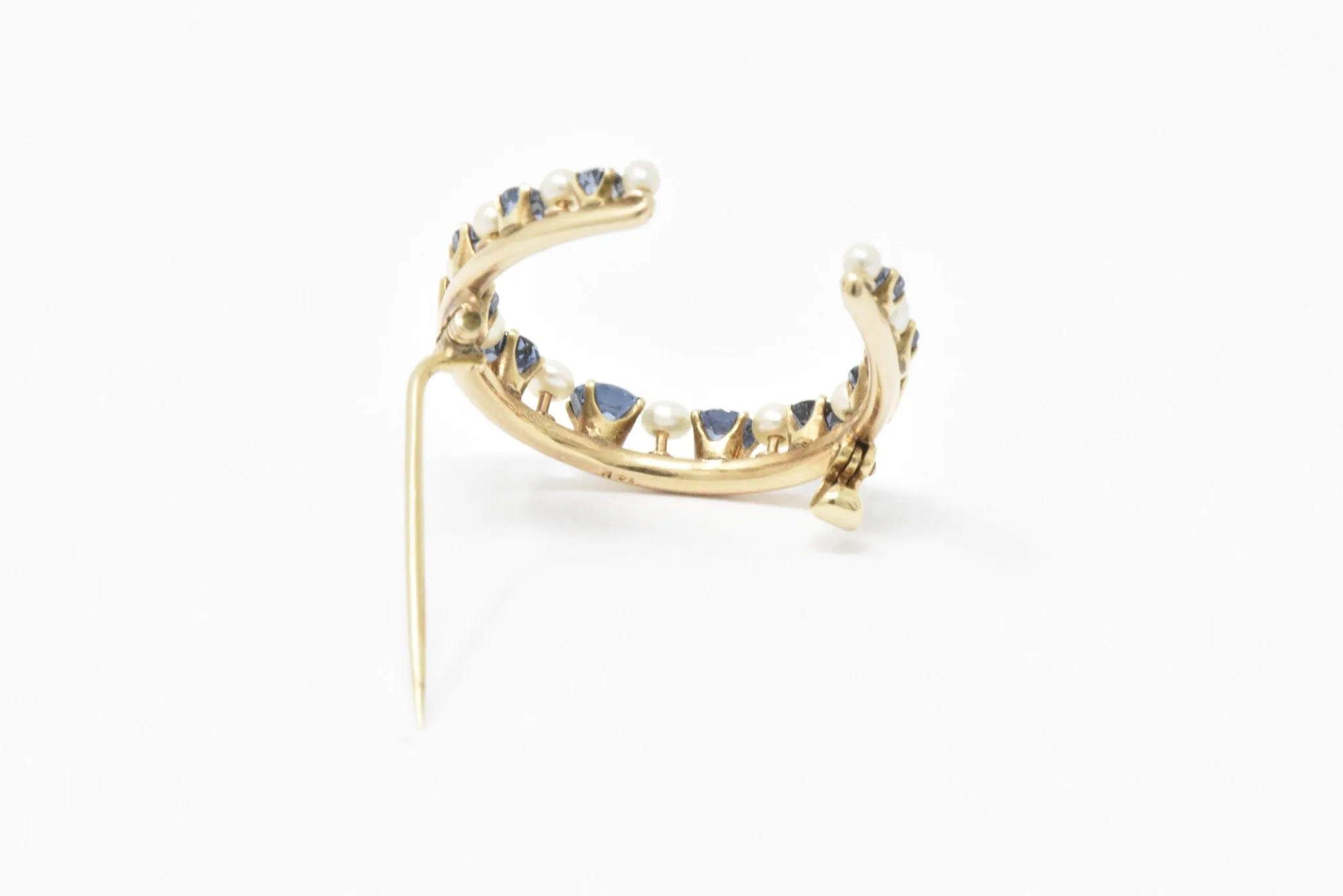 Victorian Montana Sapphire and Natural Pearl 14K Yellow Gold Horseshoe Pin Brooch