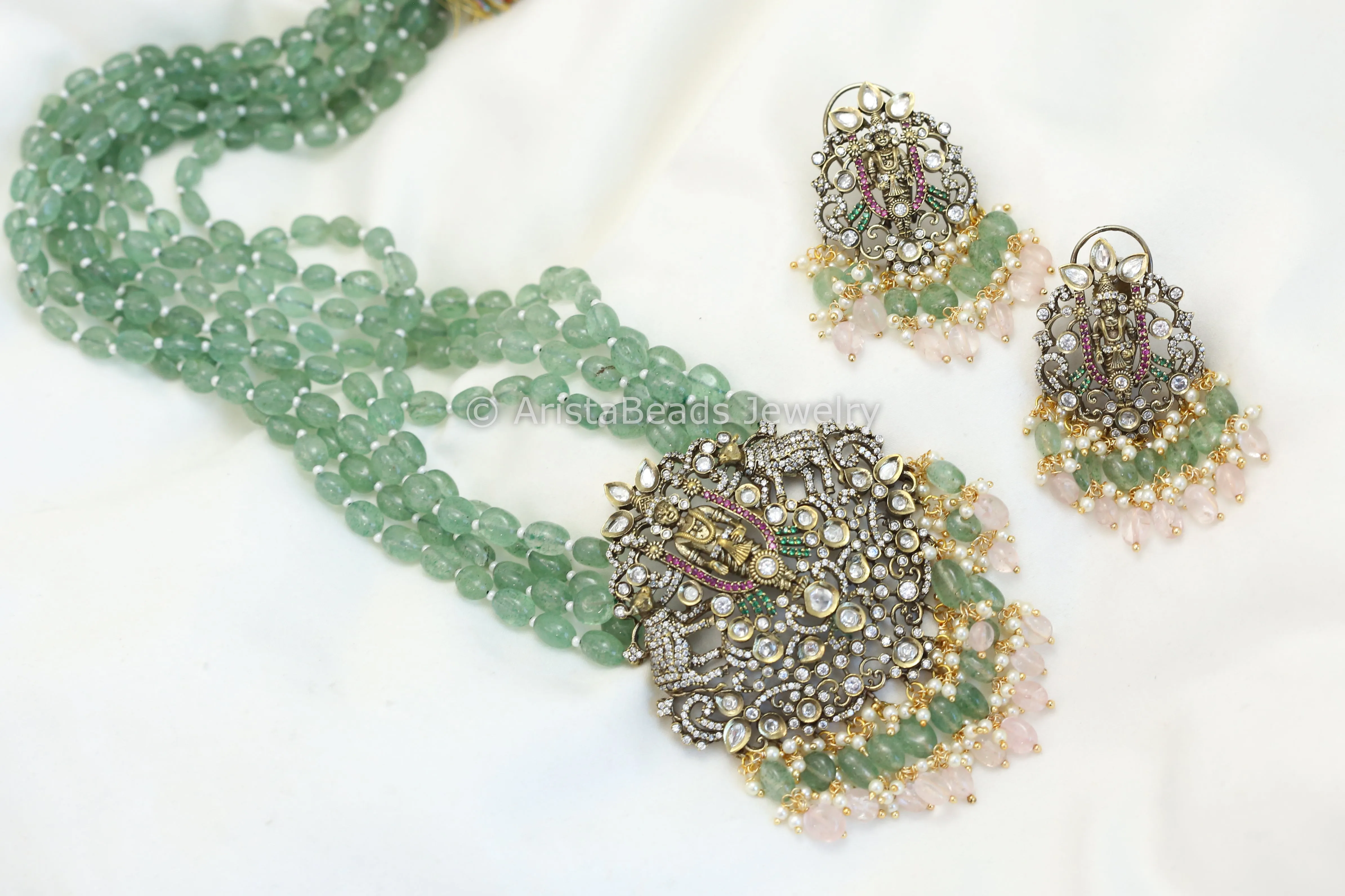 Victorian Polki & CZ Vishnu Necklace Set - Fluorite & Rose Quartz